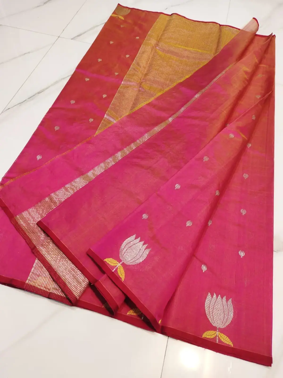 Handwoven Ruby Fuchsia Radiance with Gilded Floral Buttas and Striped Zari Pallu Pattu Silk - Authentic Chanderi Silk Saree Chanderi Saree - View 3
