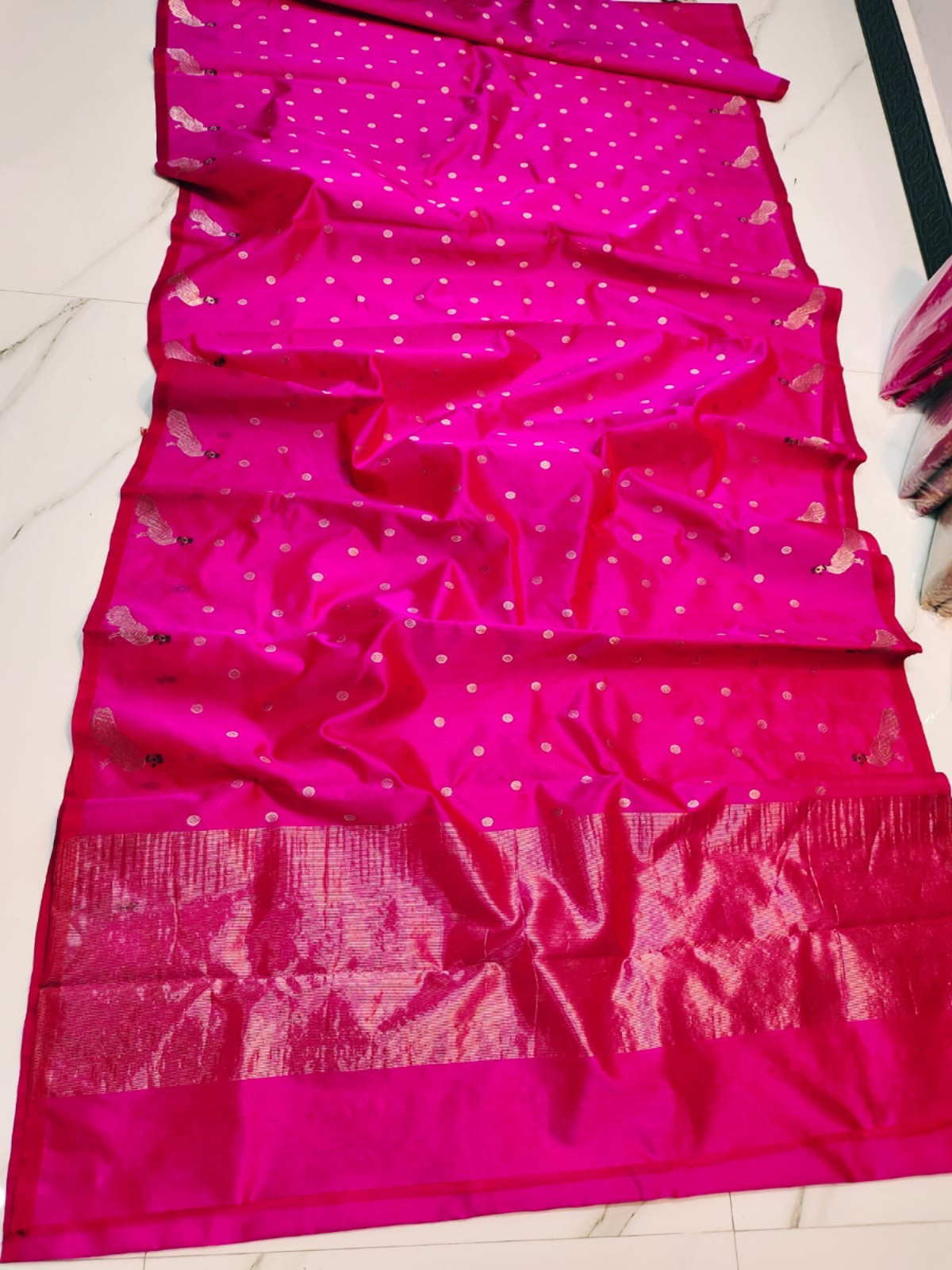 Handwoven Aqua Mist, Gilded Mustard & Sterling Silver Fuchsia Radiance with Silver Buttah and Peacock Motifs Pattu Silk - Authentic Chanderi Silk Saree Chanderi Saree