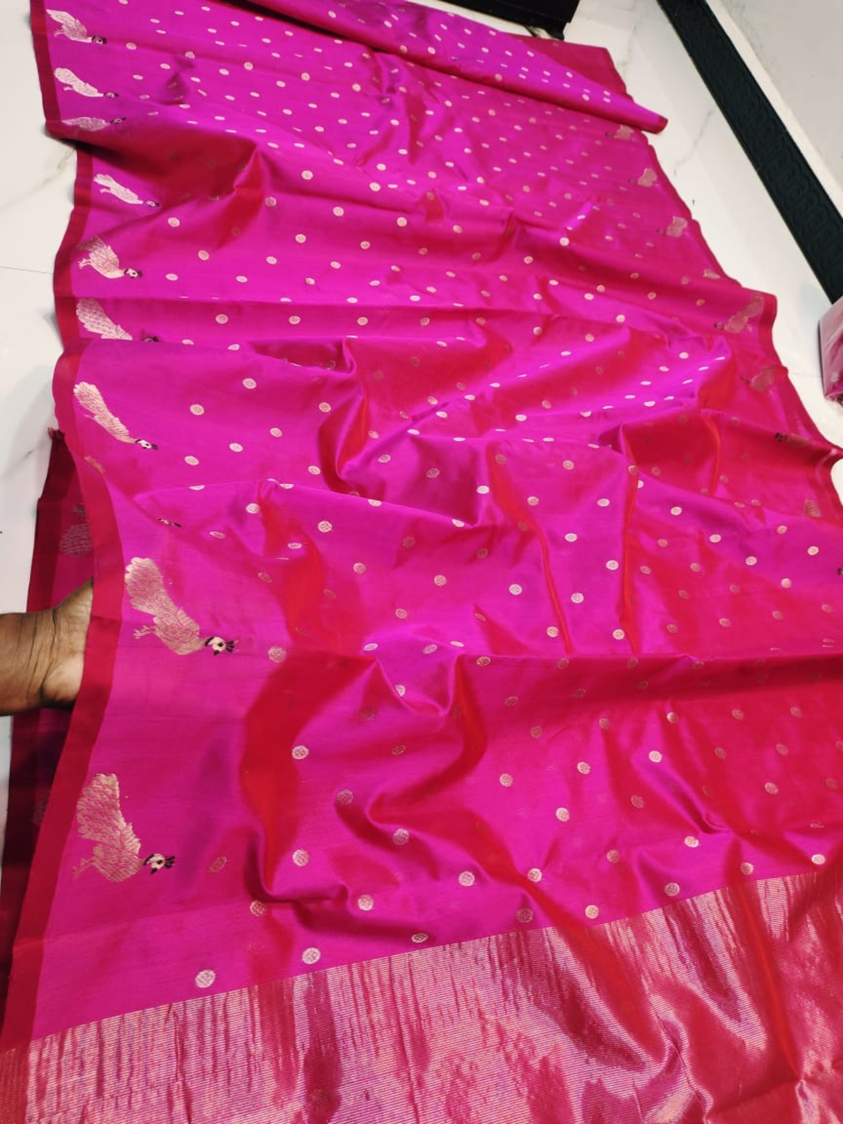 Handwoven Aqua Mist, Gilded Mustard & Sterling Silver Fuchsia Radiance with Silver Buttah and Peacock Motifs Pattu Silk - Authentic Chanderi Silk Saree Chanderi Saree - View 2
