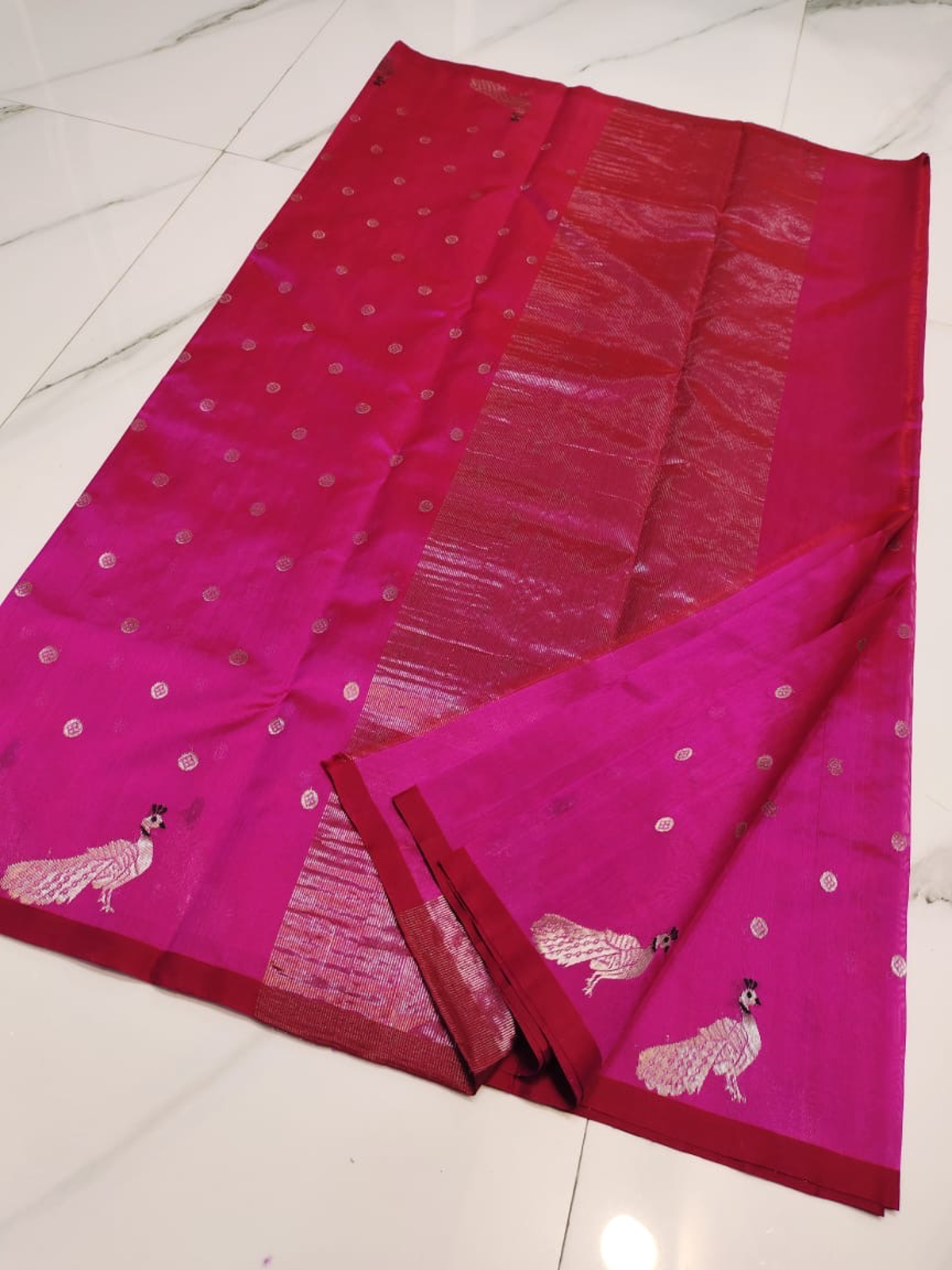 Handwoven Aqua Mist, Gilded Mustard & Sterling Silver Fuchsia Radiance with Silver Buttah and Peacock Motifs Pattu Silk - Authentic Chanderi Silk Saree Chanderi Saree - View 3