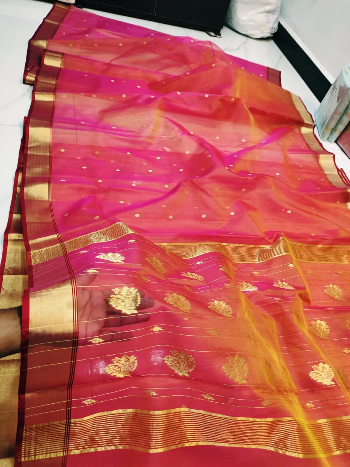 Fuchsia Sunset with Intricate Gold Zari Booti Kataan Silk