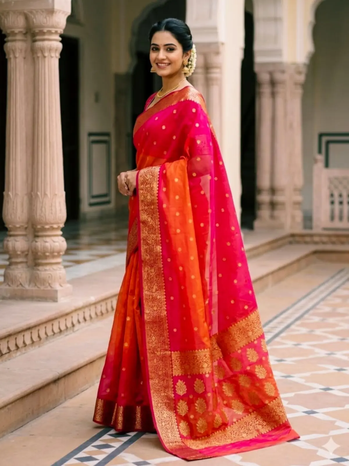 Fuchsia Sunset with Opulent Gold Zari Buti Kataan Silk