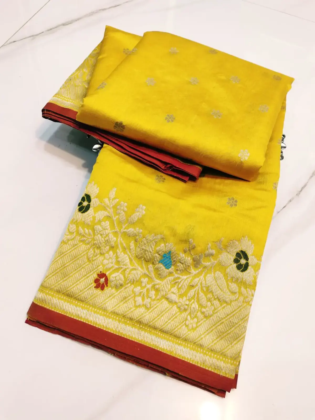 Handwoven Gilded Marigold with Crimson Border Gilded Marigold with Intricate Meenakari Floral Zari Pattu Silk - Authentic Chanderi Silk Saree Chanderi Saree - View 2