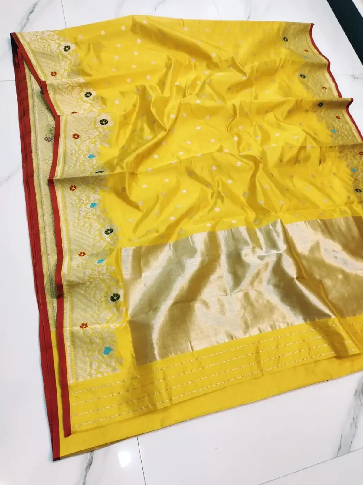 Handwoven Gilded Marigold with Crimson Border Gilded Marigold with Intricate Meenakari Floral Zari Pattu Silk - Authentic Chanderi Silk Saree Chanderi Saree - View 3