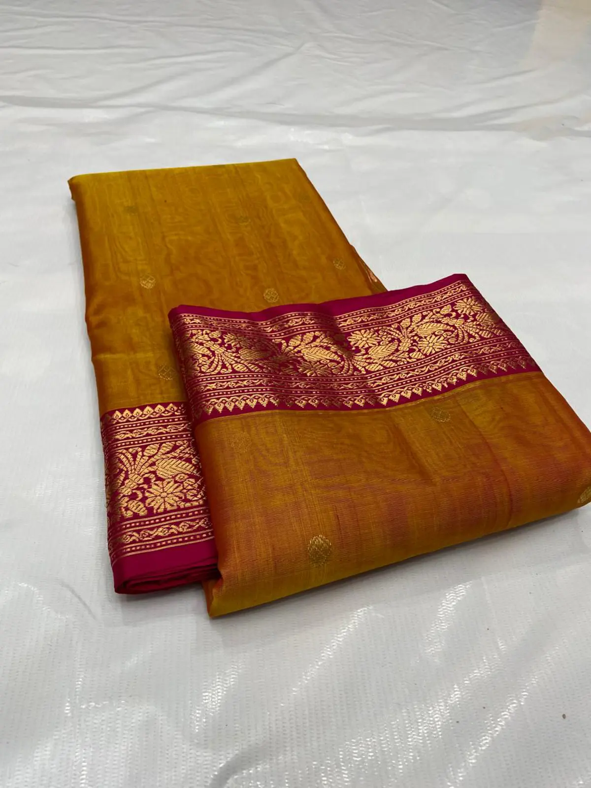 Gilded Mustard with Rani Pink Peacock Zari Border Kataan Silk