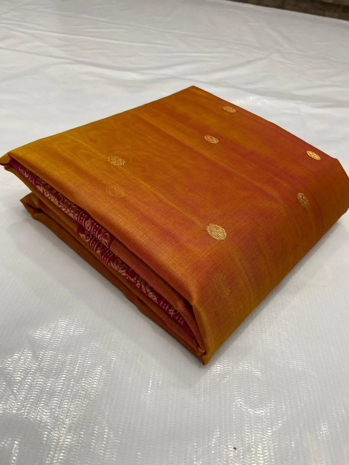 Handwoven Gilded Mustard & Rani Pink Gilded Mustard with Rani Pink Peacock Zari Border Kataan Silk - Authentic Chanderi Silk Saree Chanderi Saree - View 2