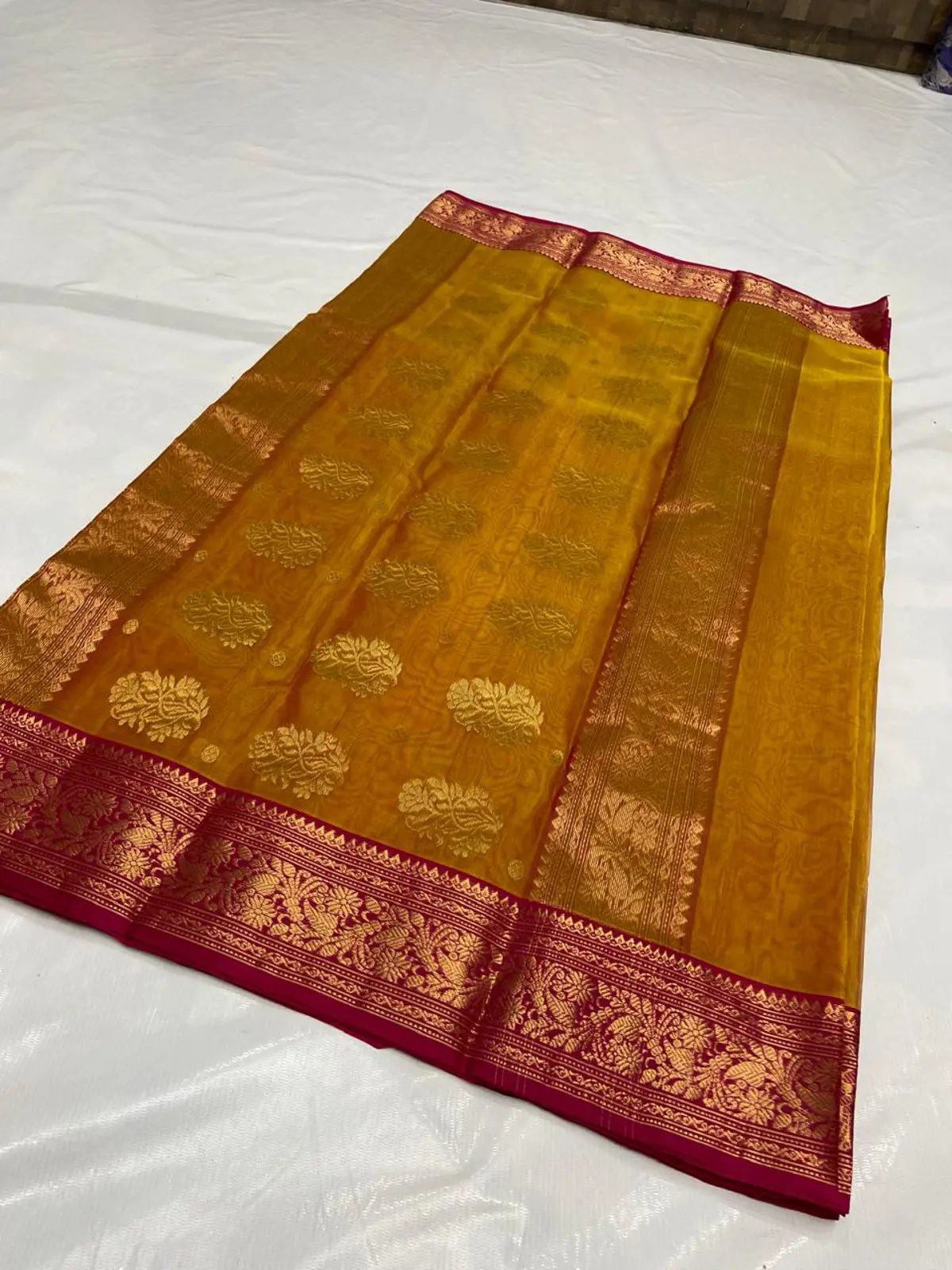 Handwoven Gilded Mustard & Rani Pink Gilded Mustard with Rani Pink Peacock Zari Border Kataan Silk - Authentic Chanderi Silk Saree Chanderi Saree - View 3