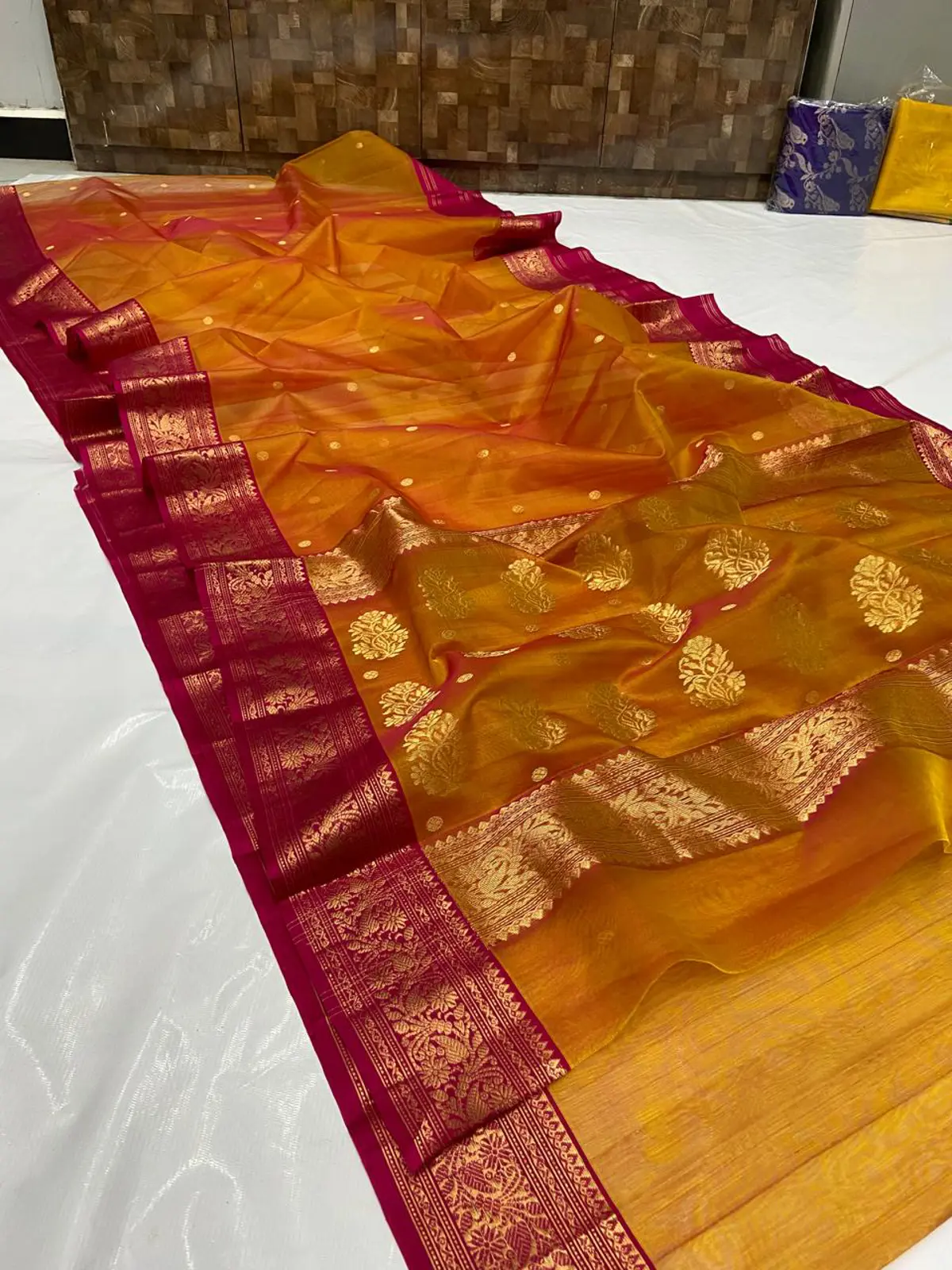 Handwoven Gilded Mustard & Rani Pink Gilded Mustard with Rani Pink Peacock Zari Border Kataan Silk - Authentic Chanderi Silk Saree Chanderi Saree - View 4
