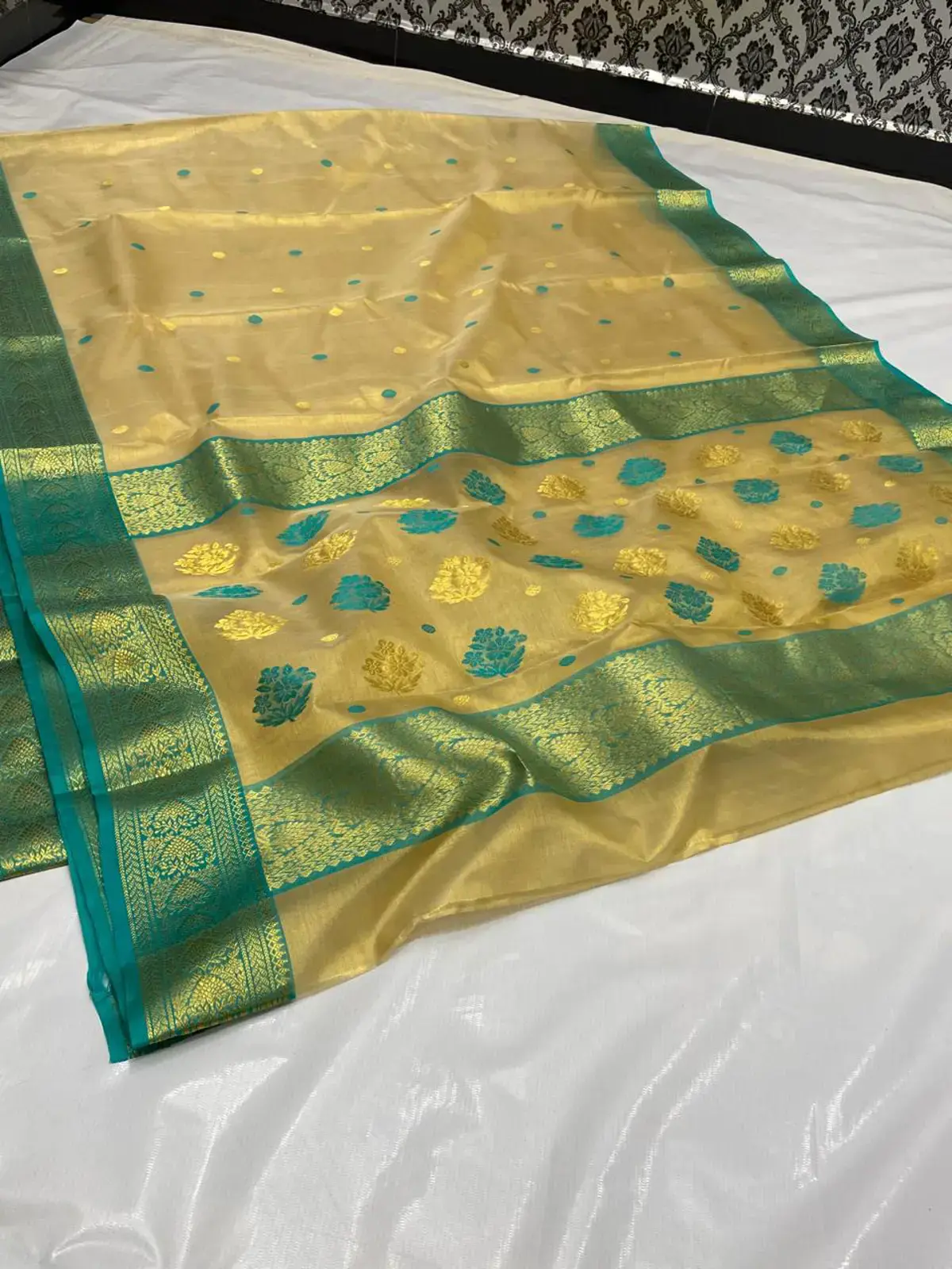 Gilded Ochre with Aqua and Gold Meenakari Buttis Chanderi Saree