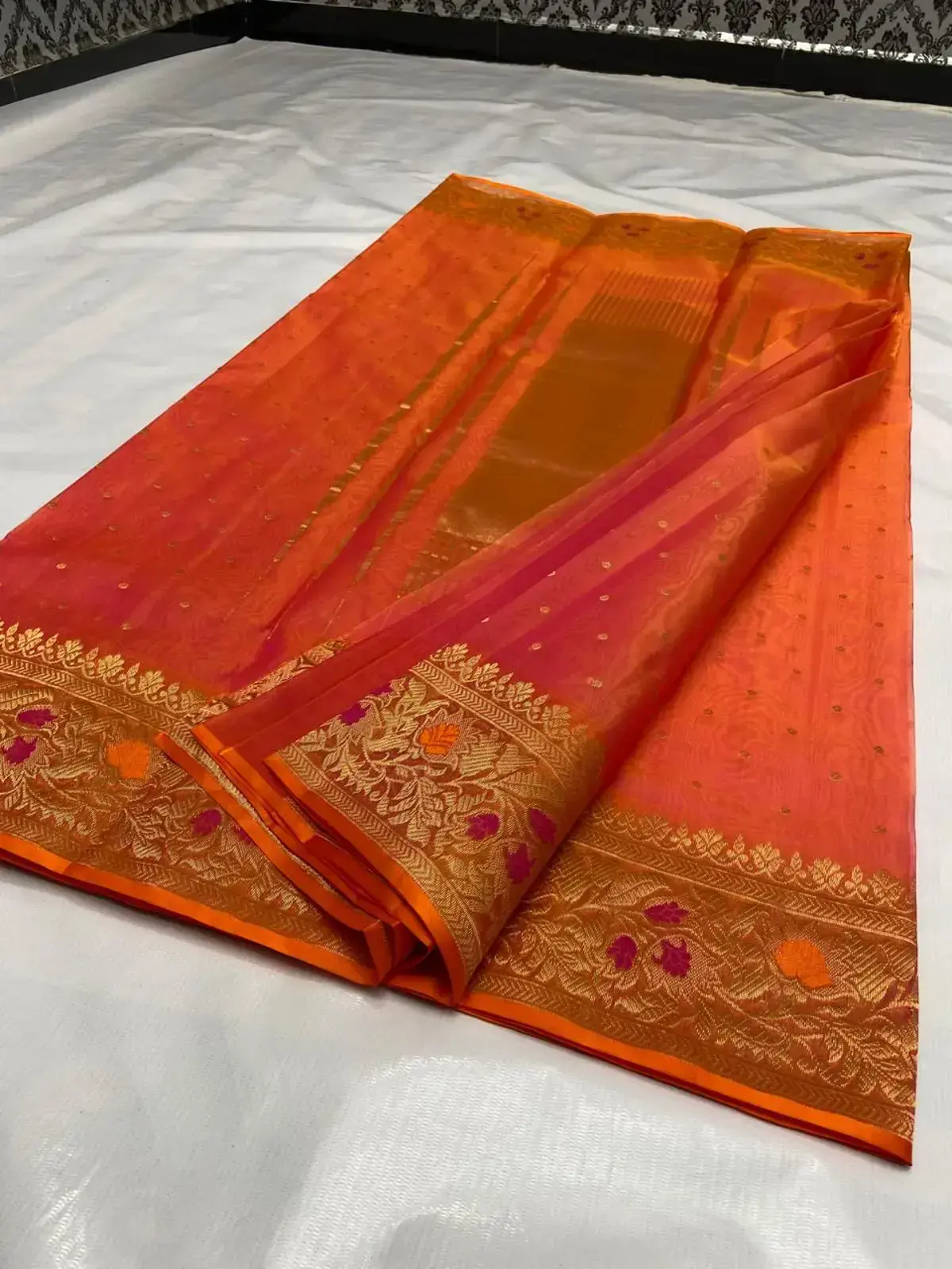 Handwoven Rust Heritage rust with Antique Gold Meenakari Border Pure Katan Silk Saree - Authentic Chanderi Silk Saree Chanderi Saree - View 3