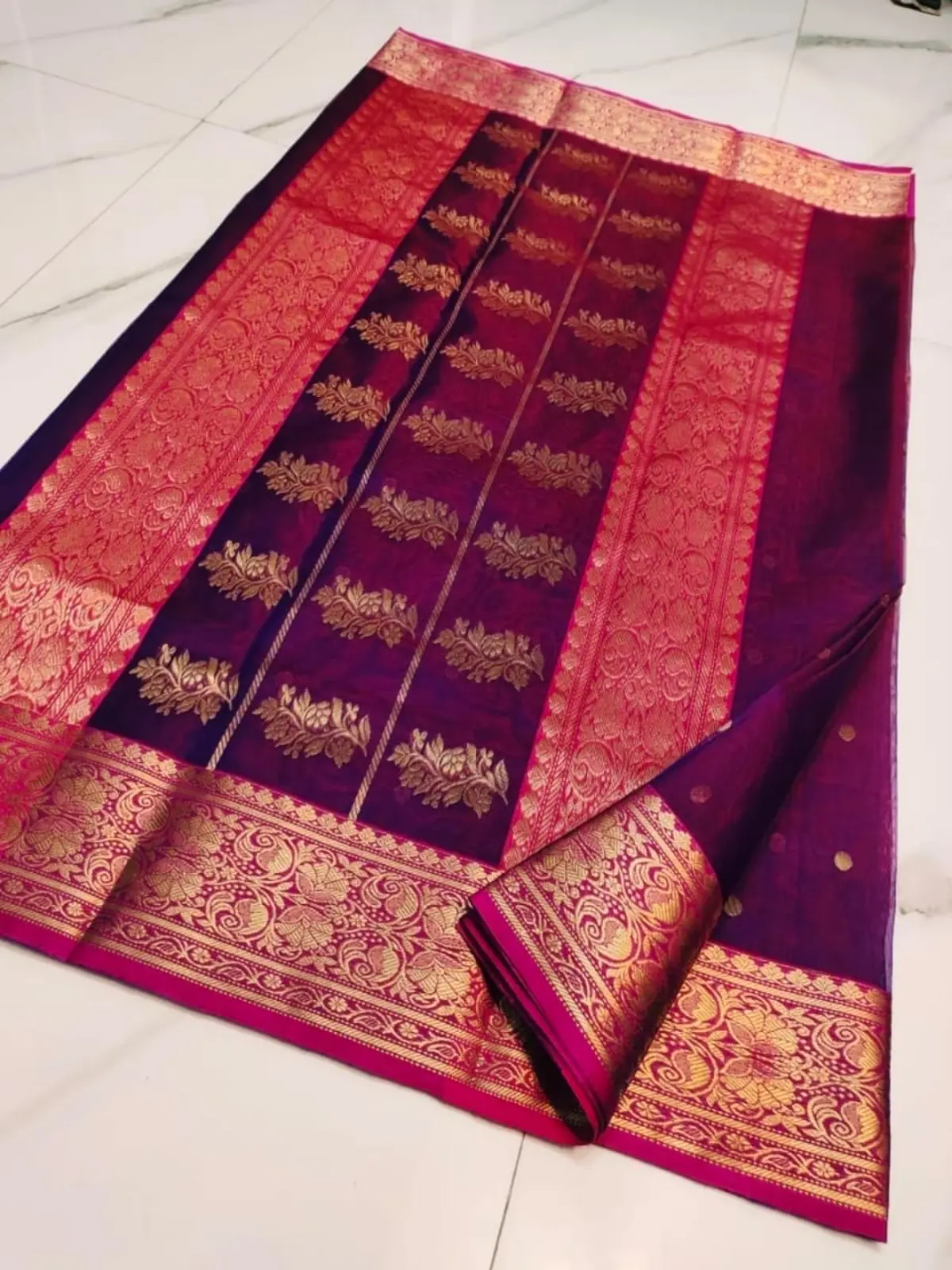 Handwoven Imperial Amethyst & Rani Pink with Antique Gold Zari Imperial Amethyst with Rani Pink Contrast and Antique Gold Zari Kataan Silk - Authentic Chanderi Silk Saree Chanderi Saree