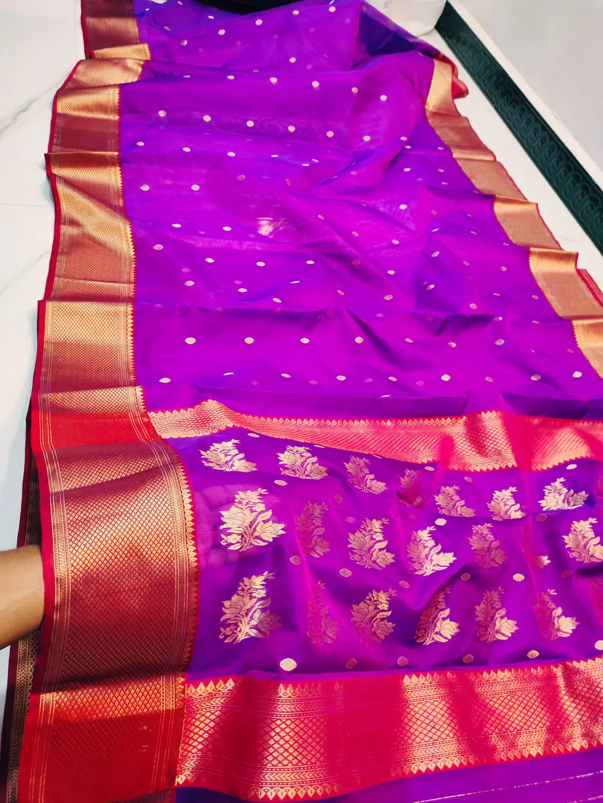 Imperial Magenta with Ruby Red Kadiyal Border and Gold Zari Buttis Chanderi Silk
