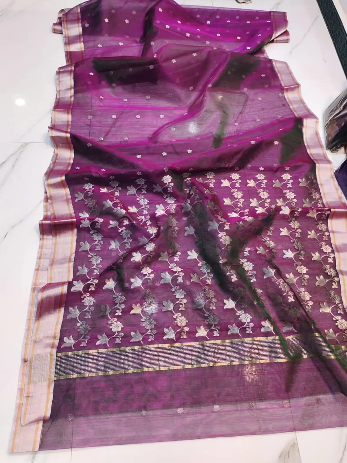 Handwoven Imperial Magenta with Silver and Antique Gold Zari Accents Imperial Magenta with Silver and Antique Gold Zari Accents Kataan Silk Saree - Authentic Chanderi Silk Saree Chanderi Saree - View 1