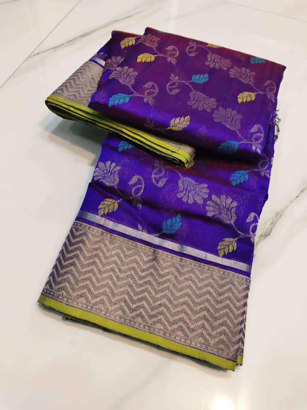 Imperial Violet with Silver Zari Chevron Border Pattu Silk - Handloom Chanderi Saree
