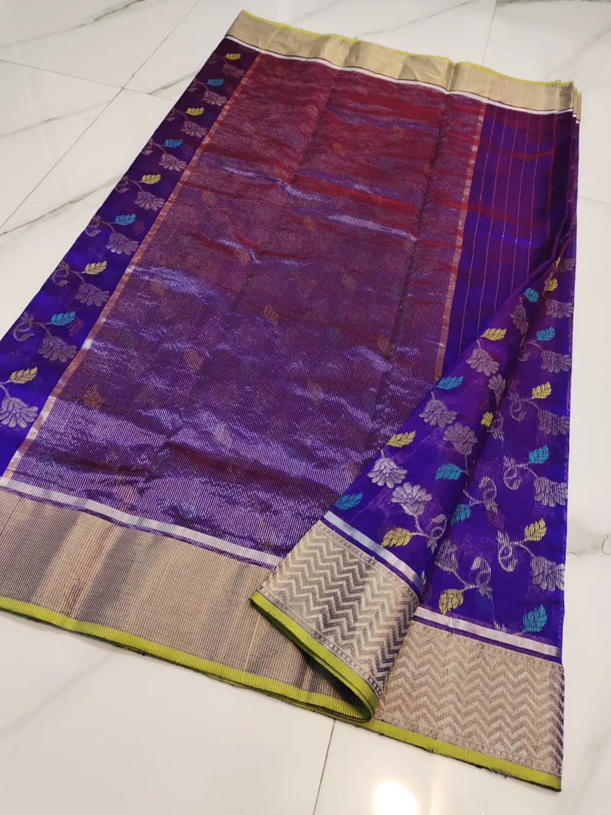Handwoven Imperial Violet with Silver Zari & Teal-Gold Accents Imperial Violet with Silver Zari Chevron Border Pattu Silk - Authentic Chanderi Silk Saree Chanderi Saree - View 2