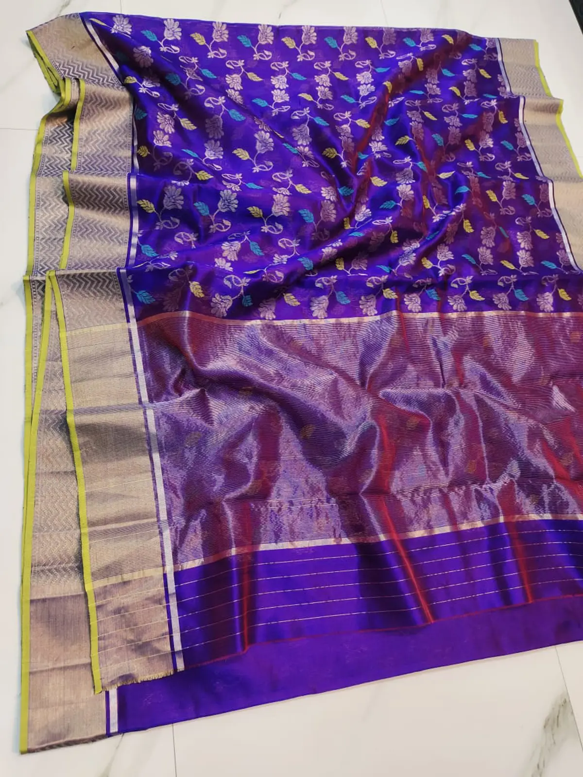 Handwoven Imperial Violet with Silver Zari & Teal-Gold Accents Imperial Violet with Silver Zari Chevron Border Pattu Silk - Authentic Chanderi Silk Saree Chanderi Saree - View 3