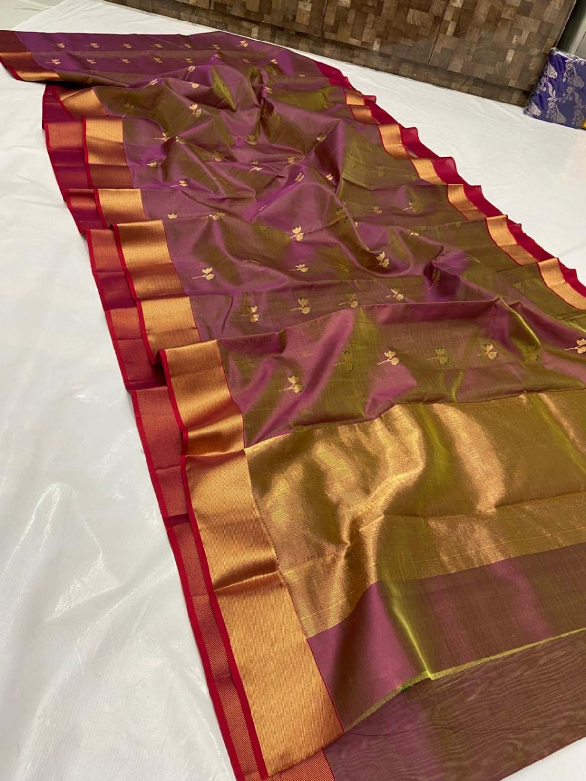 Iridescent Amethyst with Gilded Floral Motifs Pattu Silk