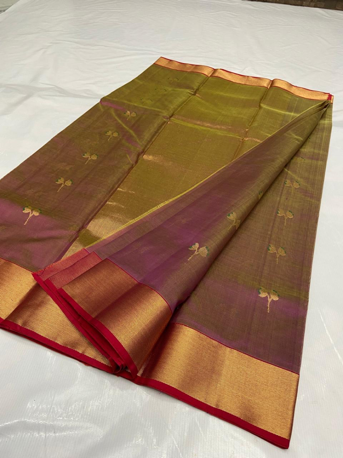 Handwoven Aqua Mist, Gilded Mustard & Sterling Silver Iridescent Amethyst with Gilded Floral Motifs Pattu Silk - Authentic Chanderi Silk Saree Chanderi Saree - View 2