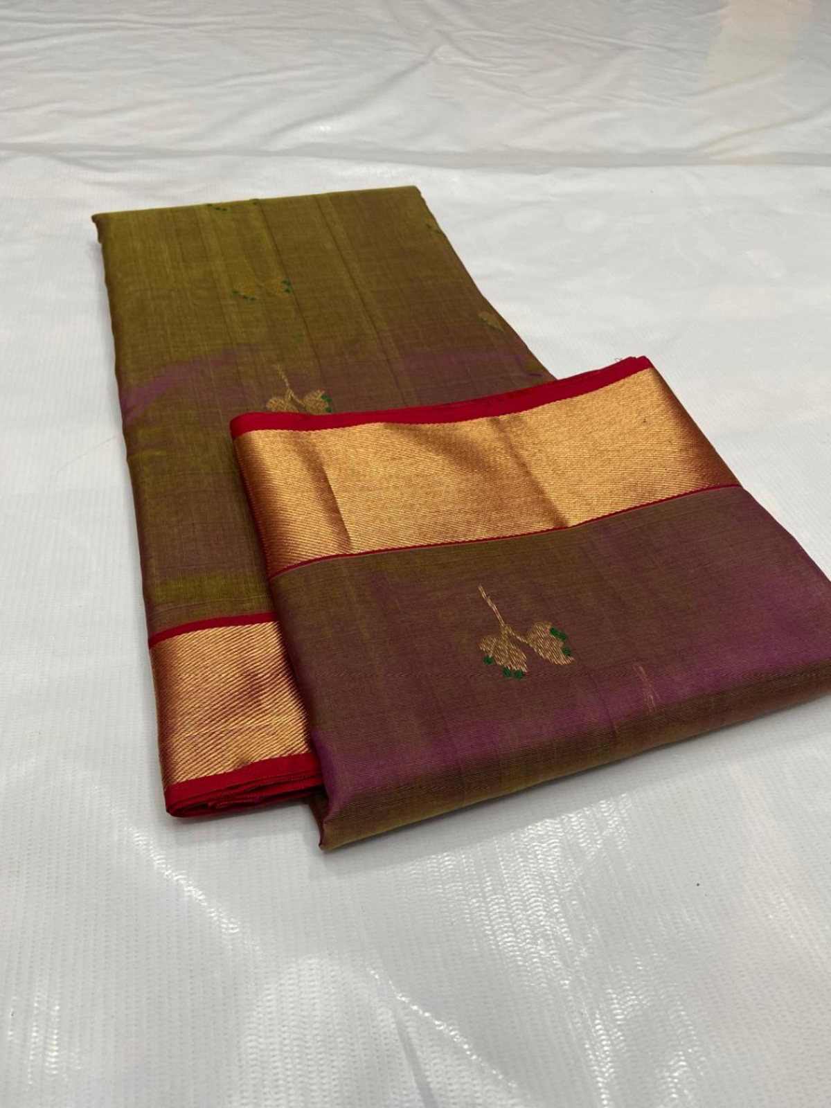 Handwoven Aqua Mist, Gilded Mustard & Sterling Silver Iridescent Amethyst with Gilded Floral Motifs Pattu Silk - Authentic Chanderi Silk Saree Chanderi Saree - View 3