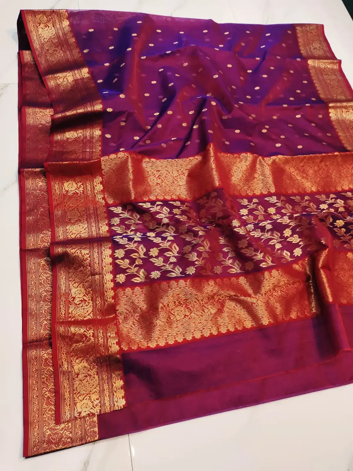 Handwoven Ivory White Ivory Blossom with Gold Zari Butti Kataan Silk - Authentic Chanderi Silk Saree Chanderi Saree - View 3
