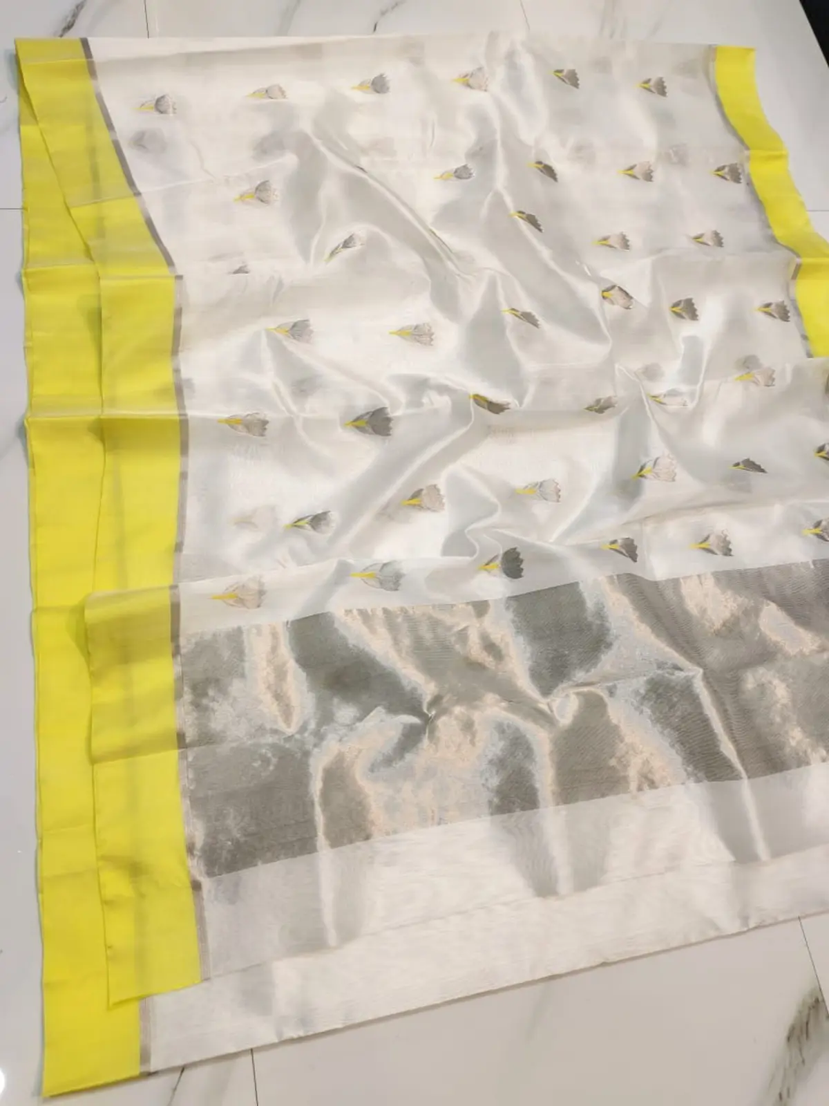 Handwoven Ivory White Ivory White with Leaf Motifs Zari Pattu Silk - Authentic Chanderi Silk Saree Chanderi Saree - View 3