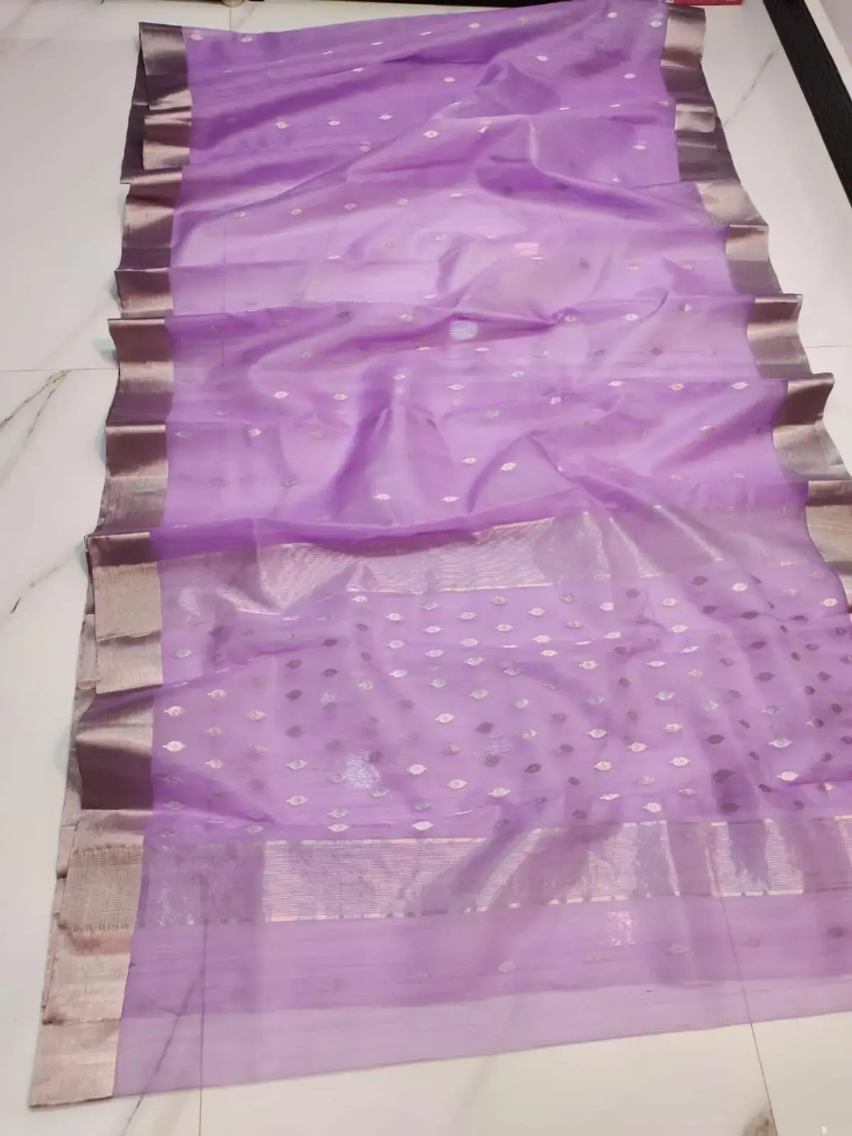 Lavender Mist with Sterling Zari Pave Motifs Kataan Silk - Handloom Chanderi Saree