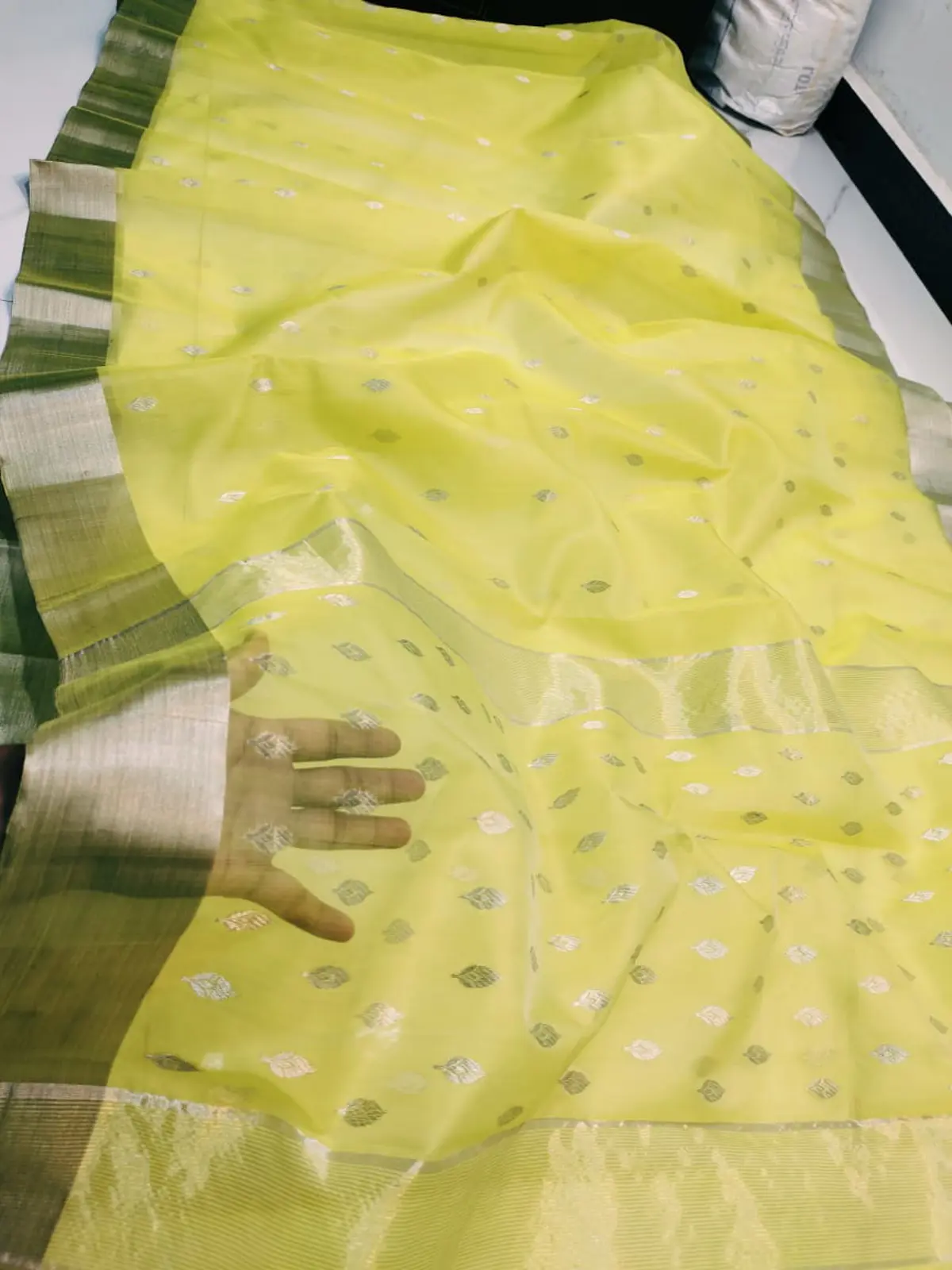 Luminous Chartreuse with Silver Leaf Motifs and Striped Border Kataan Silk