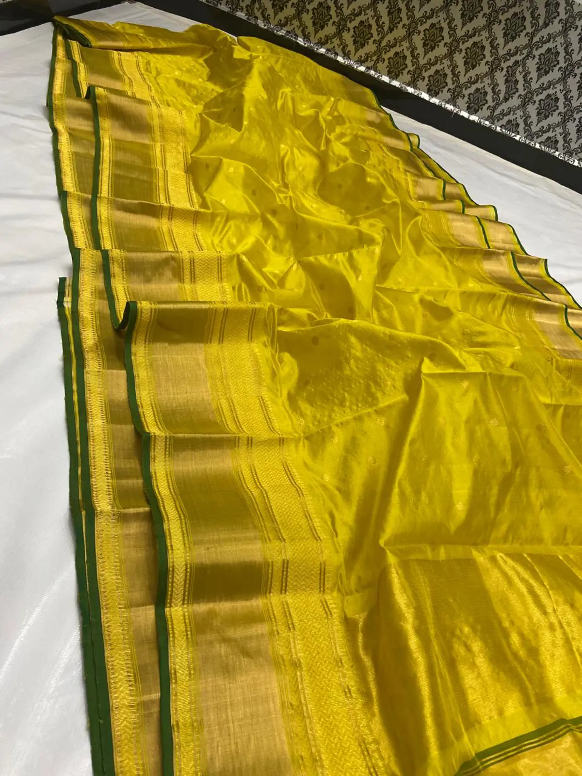 Luminous Citron & Antique Gold with Emerald Green Piping Pattu Silk Saree