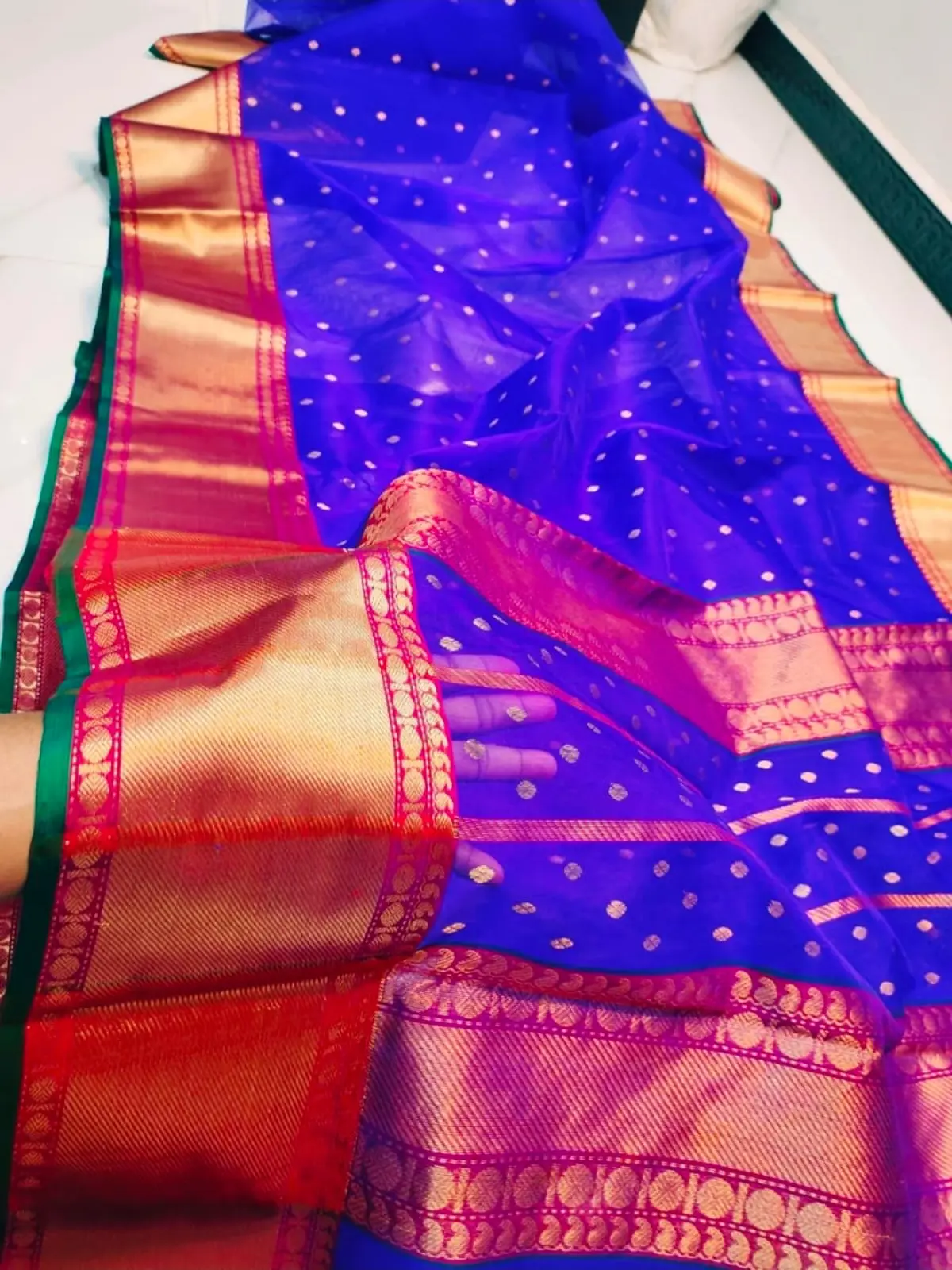 Handwoven Majestic Cobalt with Antique Gold and Rani Pink Accents Majestic Cobalt with Antique Gold Zari Bootis and Rani Pink Border Kataan Silk - Authentic Chanderi Silk Saree Chanderi Saree