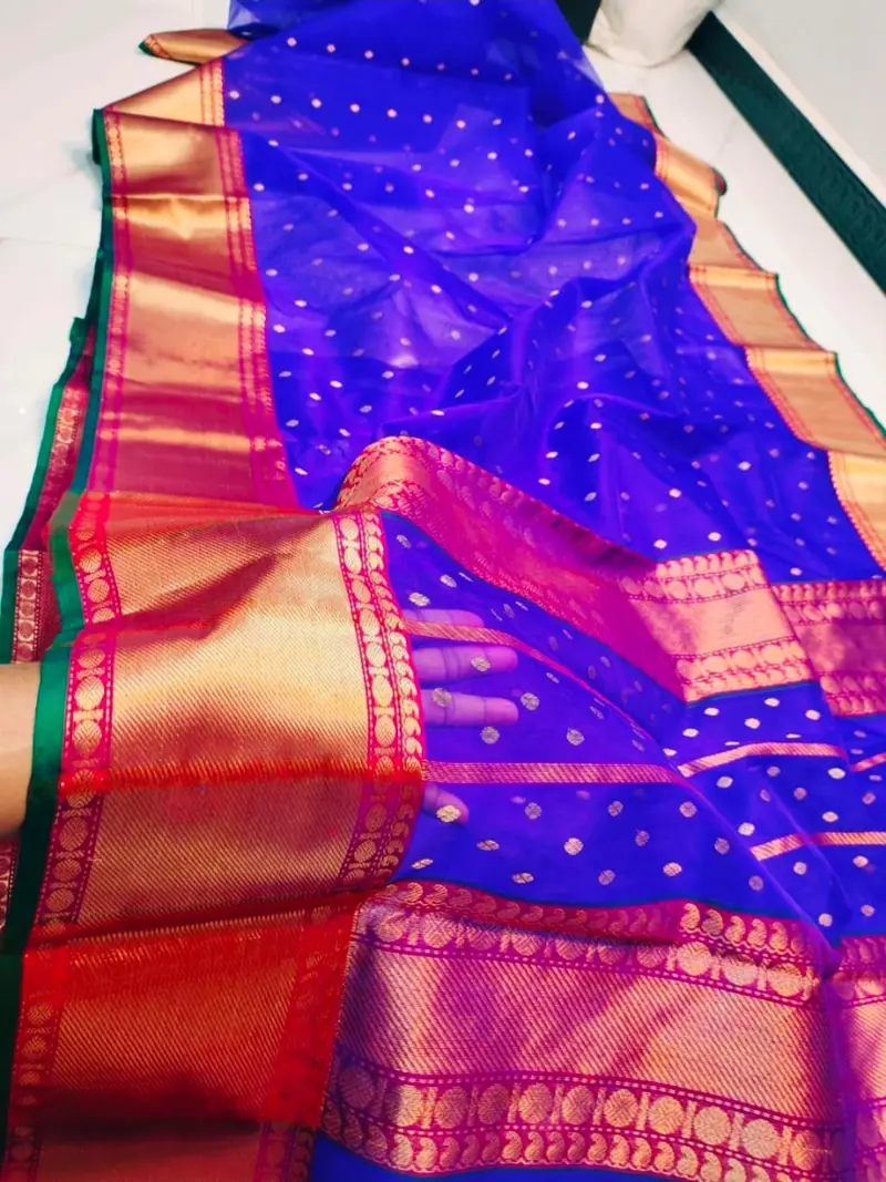Majestic Cobalt with Antique Gold Zari Bootis and Rani Pink Border Kataan Silk