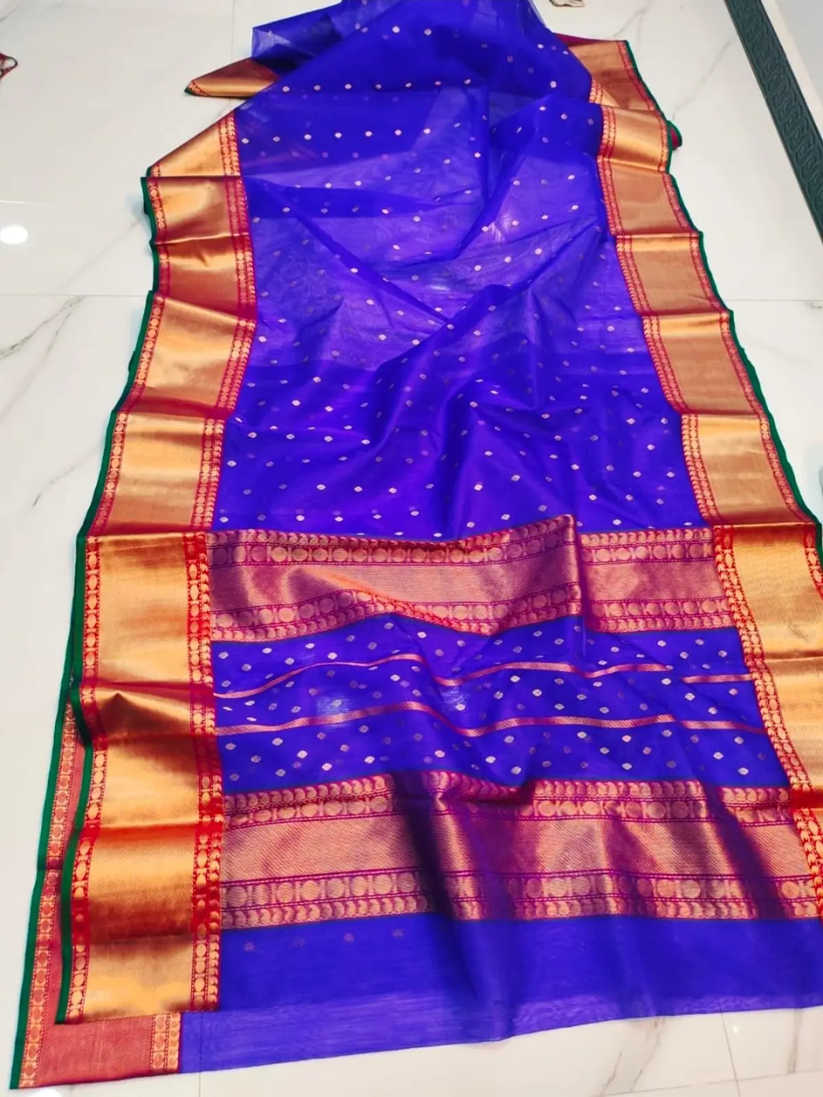 Handwoven Majestic Cobalt with Antique Gold and Rani Pink Accents Majestic Cobalt with Antique Gold Zari Bootis and Rani Pink Border Kataan Silk - Authentic Chanderi Silk Saree Chanderi Saree - View 2