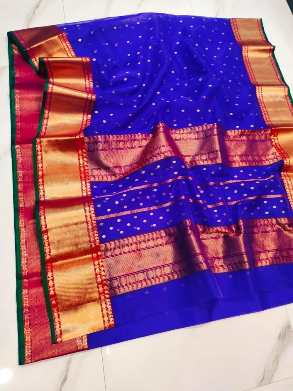 Handwoven Majestic Cobalt with Antique Gold and Rani Pink Accents Majestic Cobalt with Antique Gold Zari Bootis and Rani Pink Border Kataan Silk - Authentic Chanderi Silk Saree Chanderi Saree - View 3