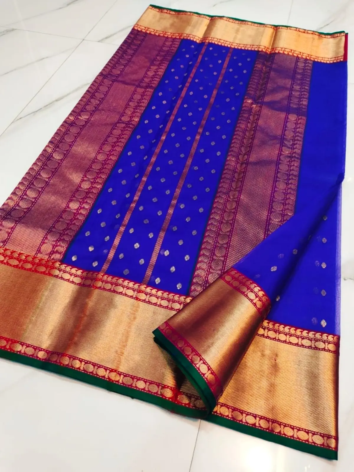 Handwoven Majestic Cobalt with Antique Gold and Rani Pink Accents Majestic Cobalt with Antique Gold Zari Bootis and Rani Pink Border Kataan Silk - Authentic Chanderi Silk Saree Chanderi Saree - View 4