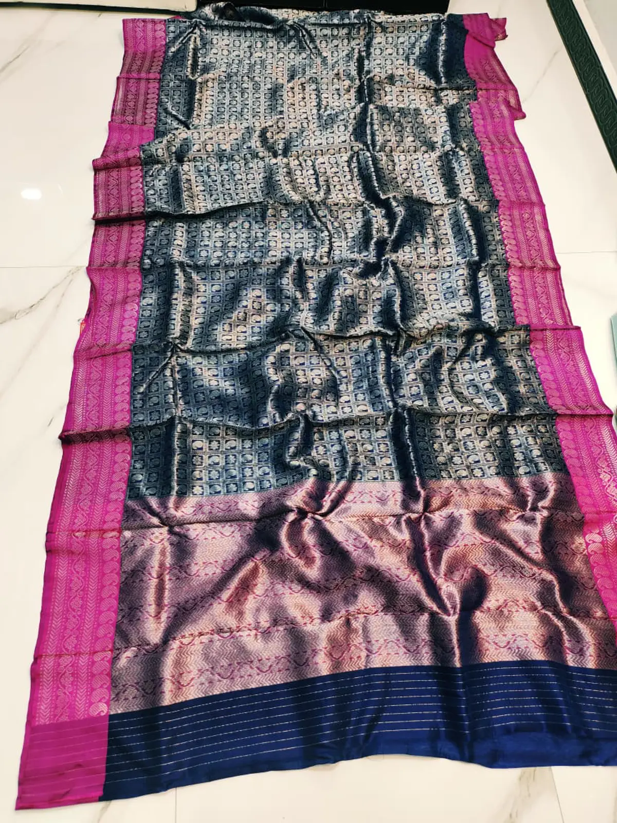 Midnight Blue with Magenta Border Brocade Pattu Silk
