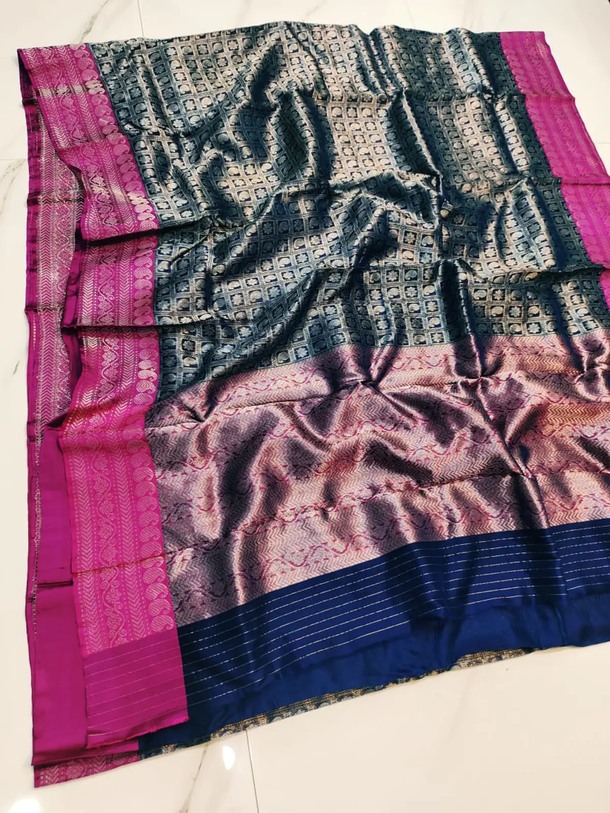 Handwoven Midnight Blue & Magenta Midnight Blue with Magenta Border Brocade Pattu Silk - Authentic Chanderi Silk Saree Chanderi Saree - View 2