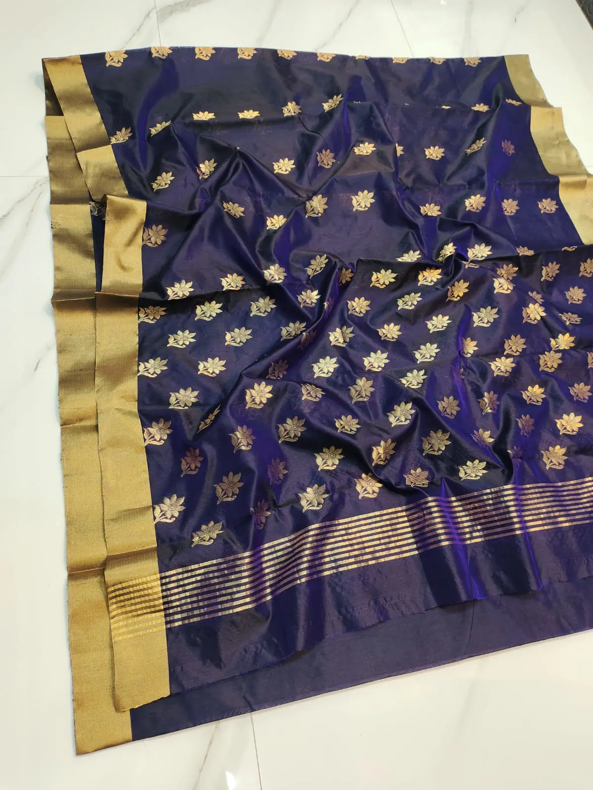 Handwoven Midnight Indigo & Gilded Gold Midnight Indigo and Gilded Gold Kataan Silk Saree - Authentic Chanderi Silk Saree Chanderi Saree - View 1