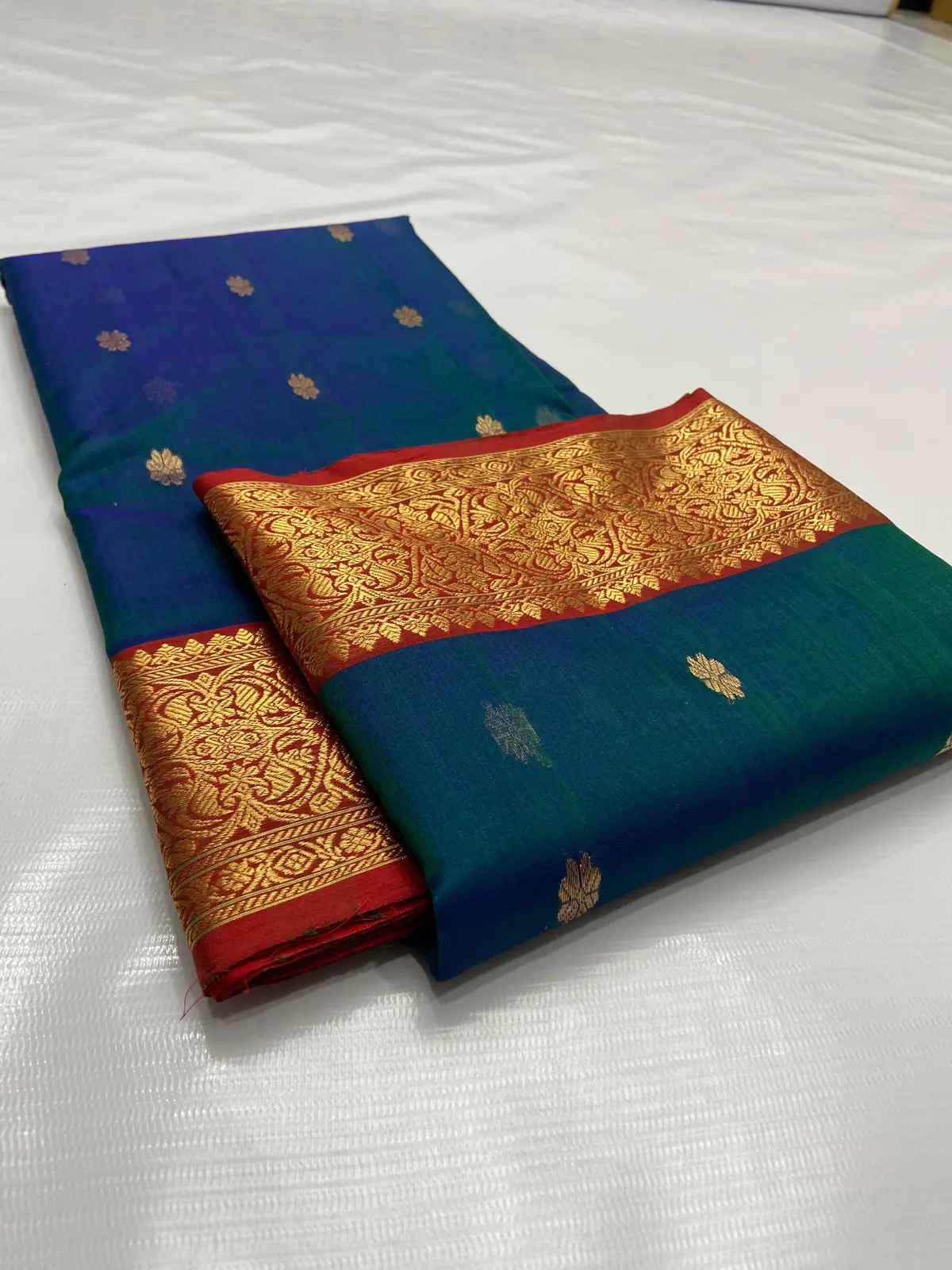 Handwoven Mystic Teal & Verdant Green with Ruby Red Border Mystic Teal and Verdant Green with Glimmering Gold Buttis Kataan Silk - Authentic Chanderi Silk Saree Chanderi Saree - View 2