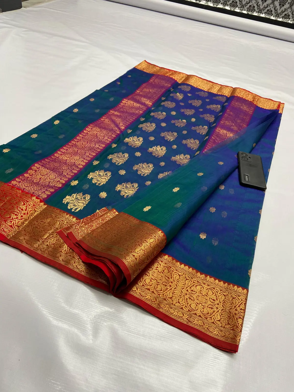 Handwoven Mystic Teal & Verdant Green with Ruby Red Border Mystic Teal and Verdant Green with Glimmering Gold Buttis Kataan Silk - Authentic Chanderi Silk Saree Chanderi Saree - View 4