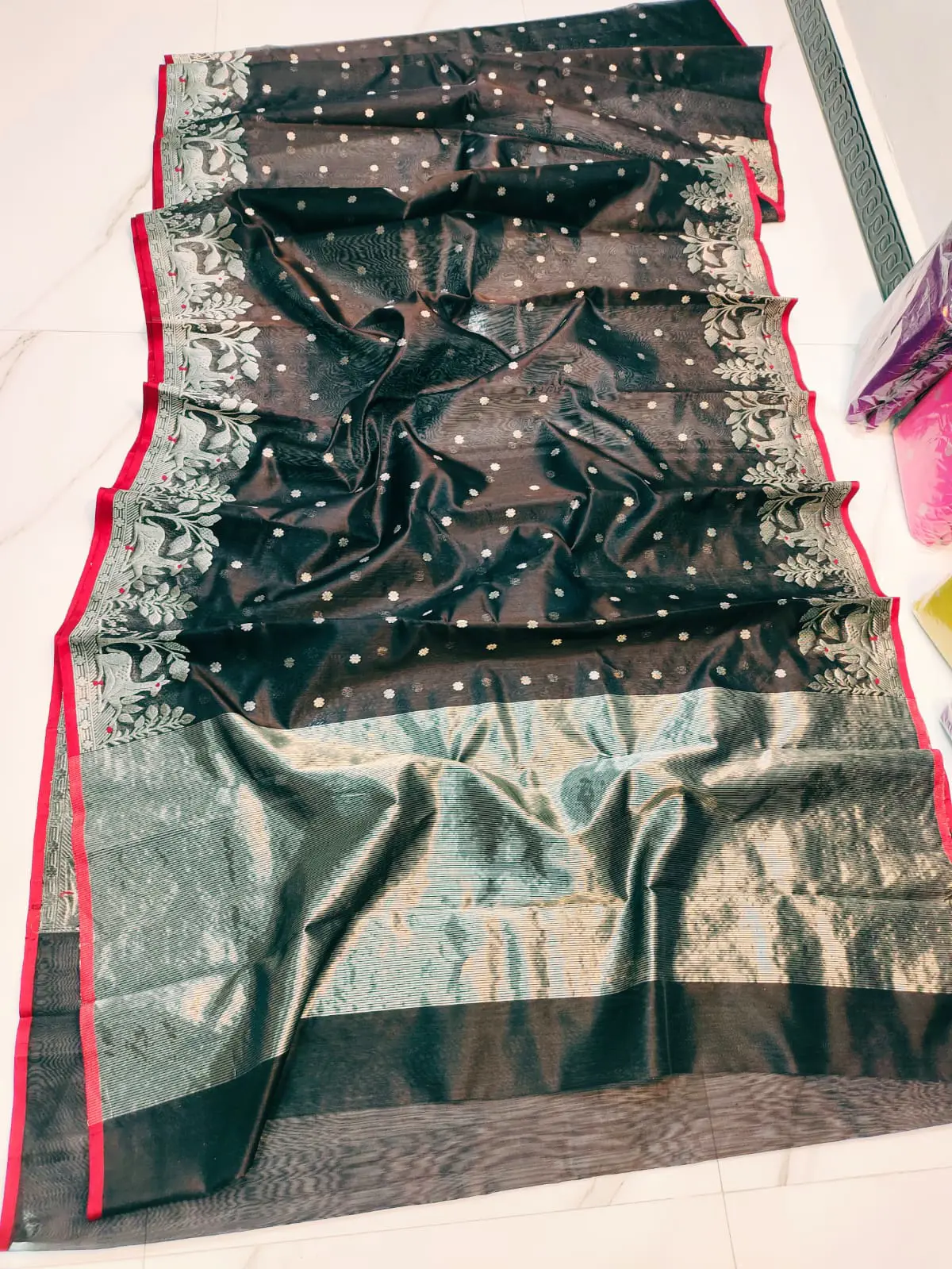 Handwoven Obsidian Dusk, Moonlit Silver, and Crimson Obsidian Dusk, Moonlit Silver, and Crimson Pattu Silk Saree - Authentic Chanderi Silk Saree Chanderi Saree