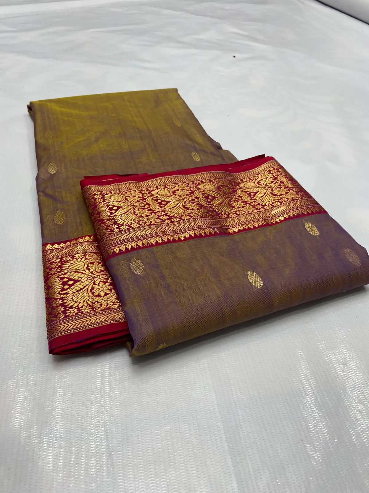 Olive and Crimson with Intricate Gold Zari Kataan Silk