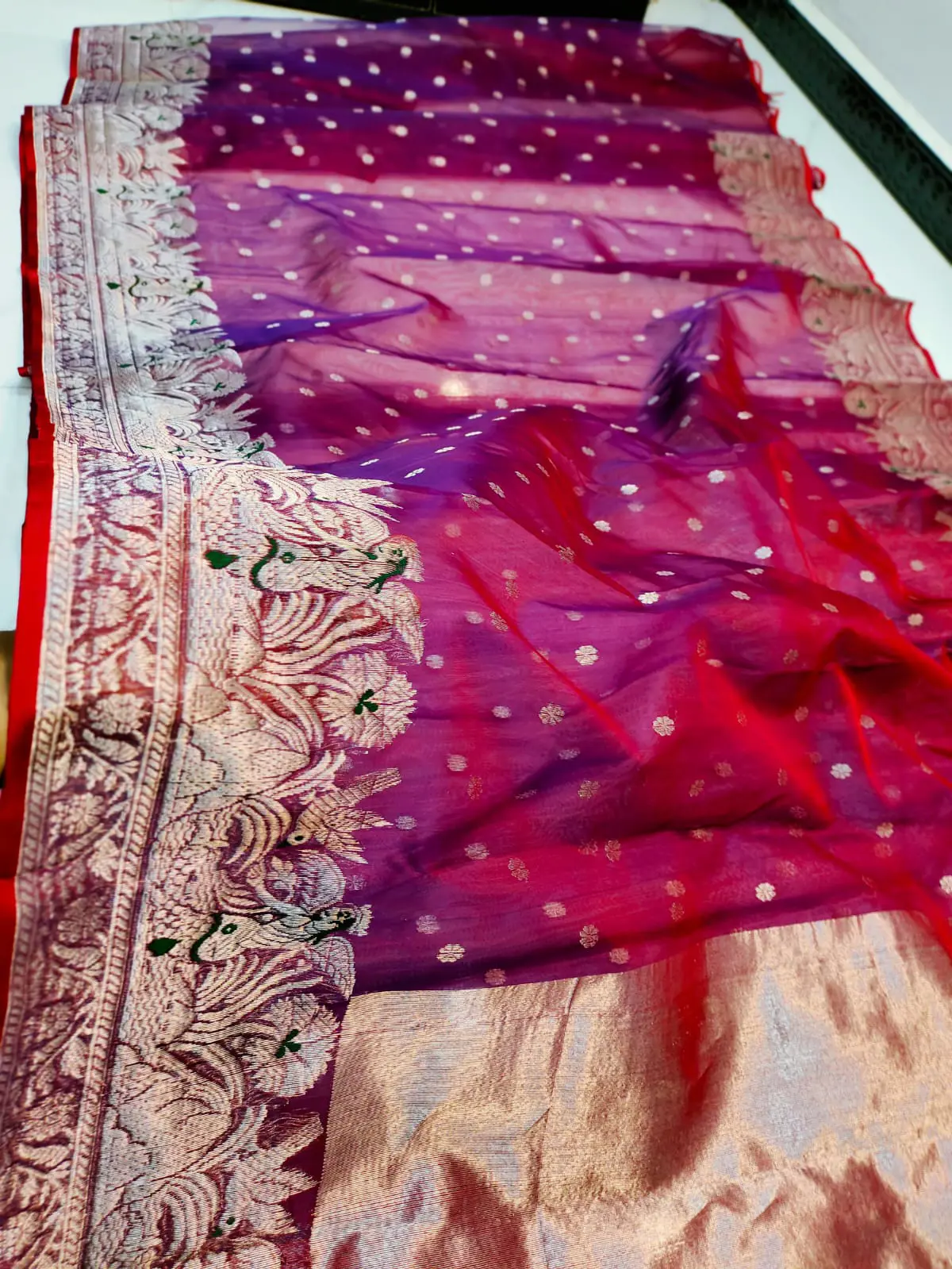 Ombre Violet with Peacock Zari Border Kataan Silk - Handloom Chanderi Saree