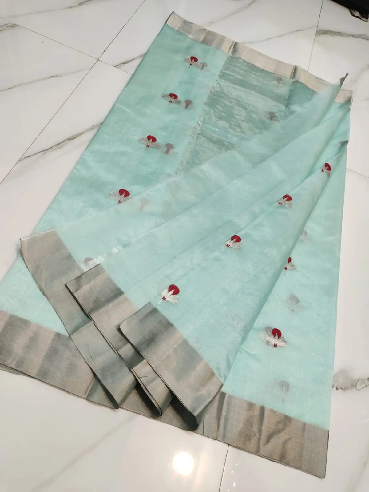 Handwoven Pale Aqua Pale Aqua Pattu Silk Saree - Authentic Chanderi Silk Saree Chanderi Saree - View 2