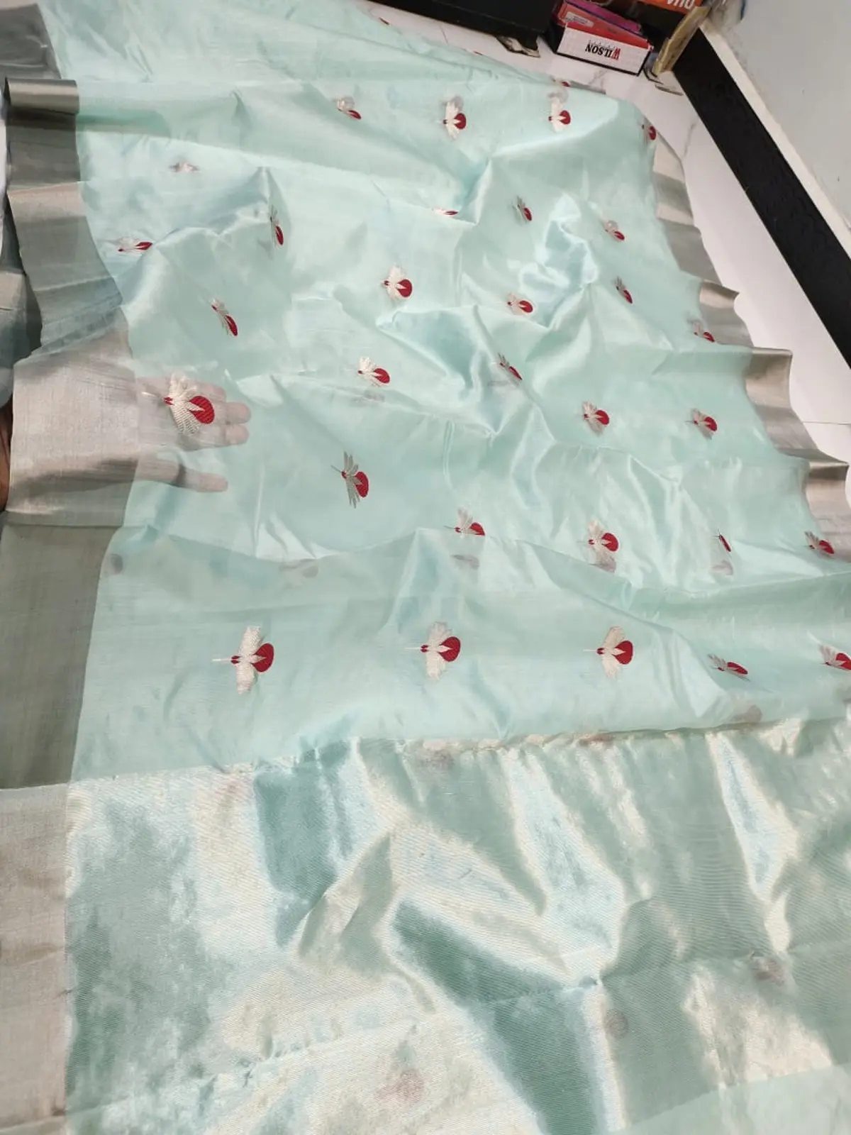 Handwoven Pale Aqua Pale Aqua Pattu Silk Saree - Authentic Chanderi Silk Saree Chanderi Saree - View 3