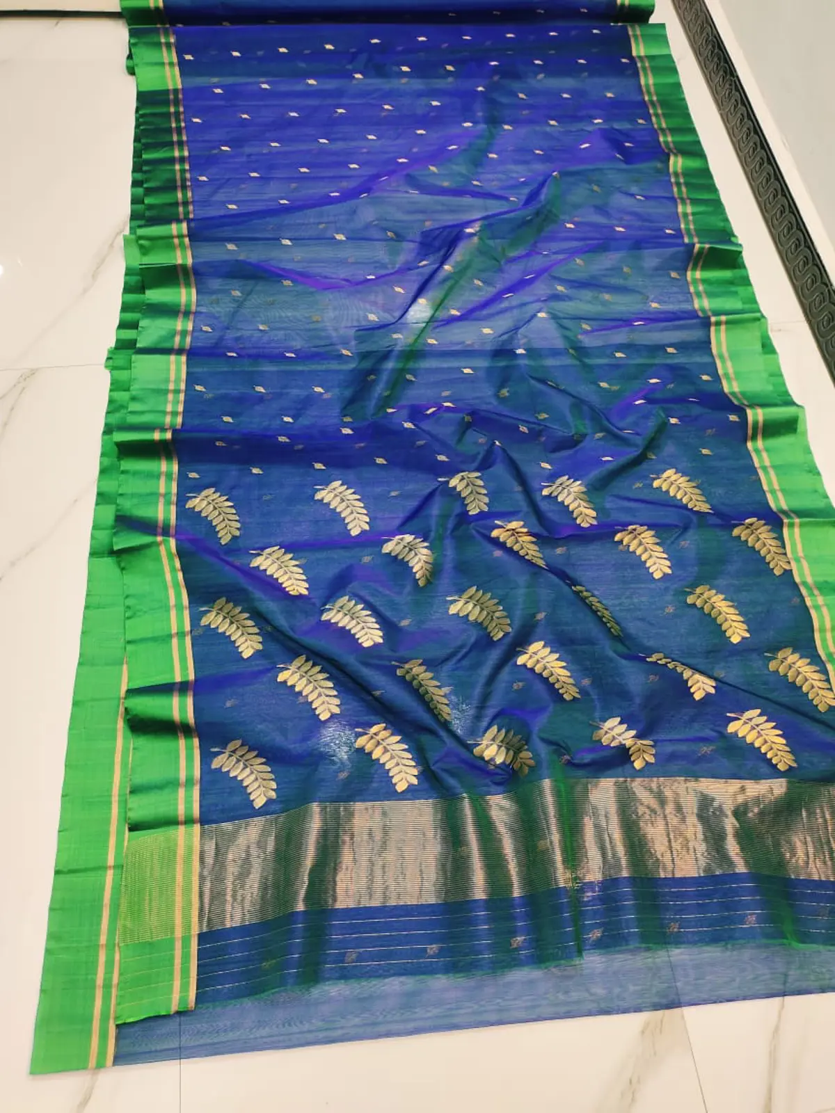 Handwoven Peacock Blue Peacock Blue with Golden Leaf and Butti Zari Kataan Silk - Authentic Chanderi Silk Saree Chanderi Saree - View 2