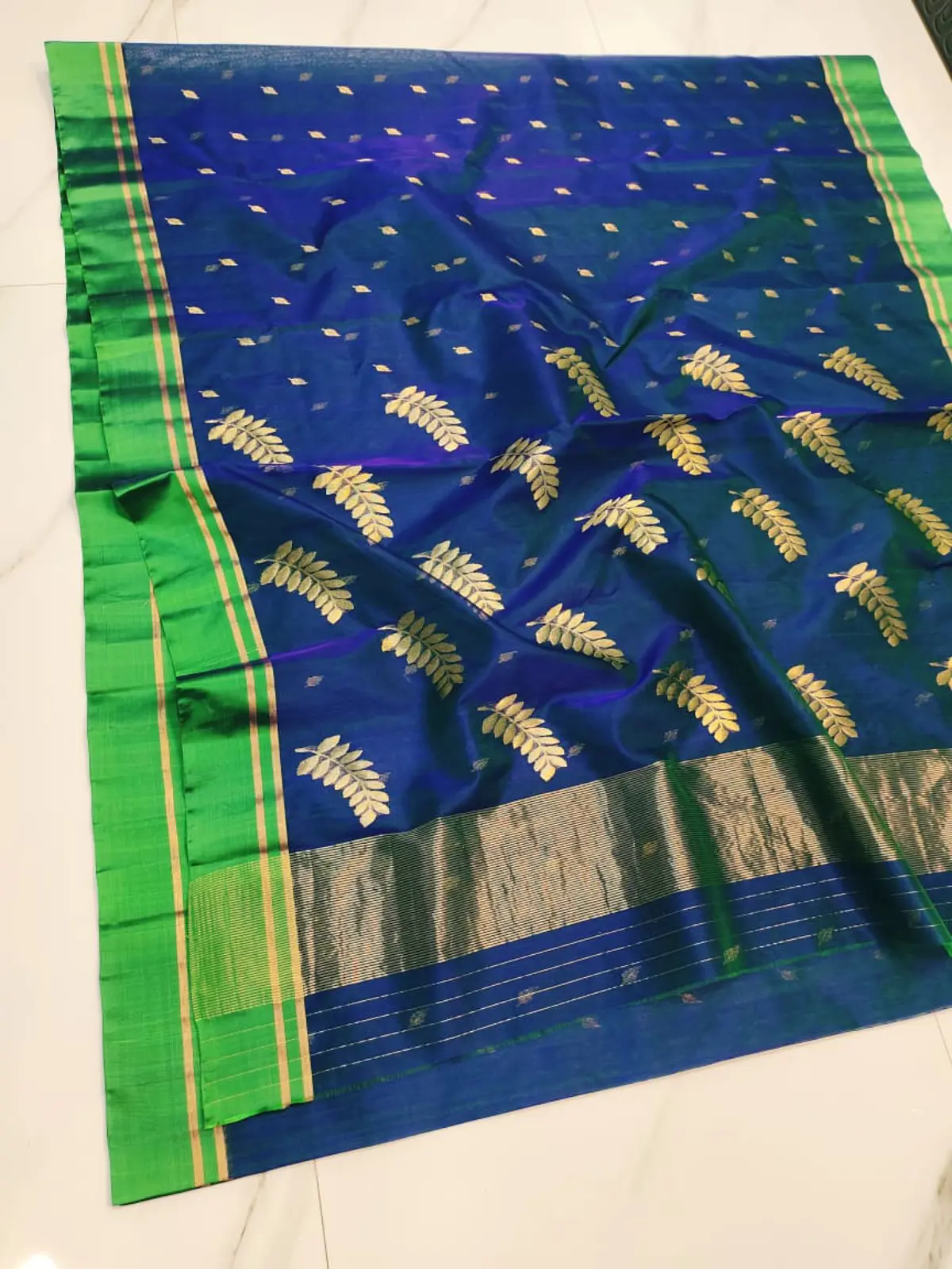 Handwoven Peacock Blue Peacock Blue with Golden Leaf and Butti Zari Kataan Silk - Authentic Chanderi Silk Saree Chanderi Saree - View 3