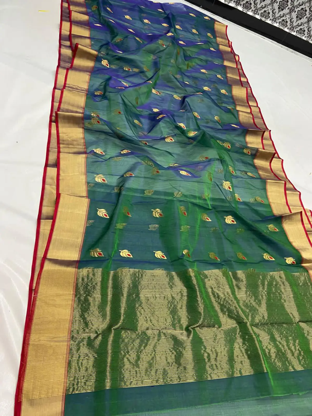 Peacock Teal & Antique Gold with Crimson accents Kataan Silk Saree - Handloom Chanderi Saree