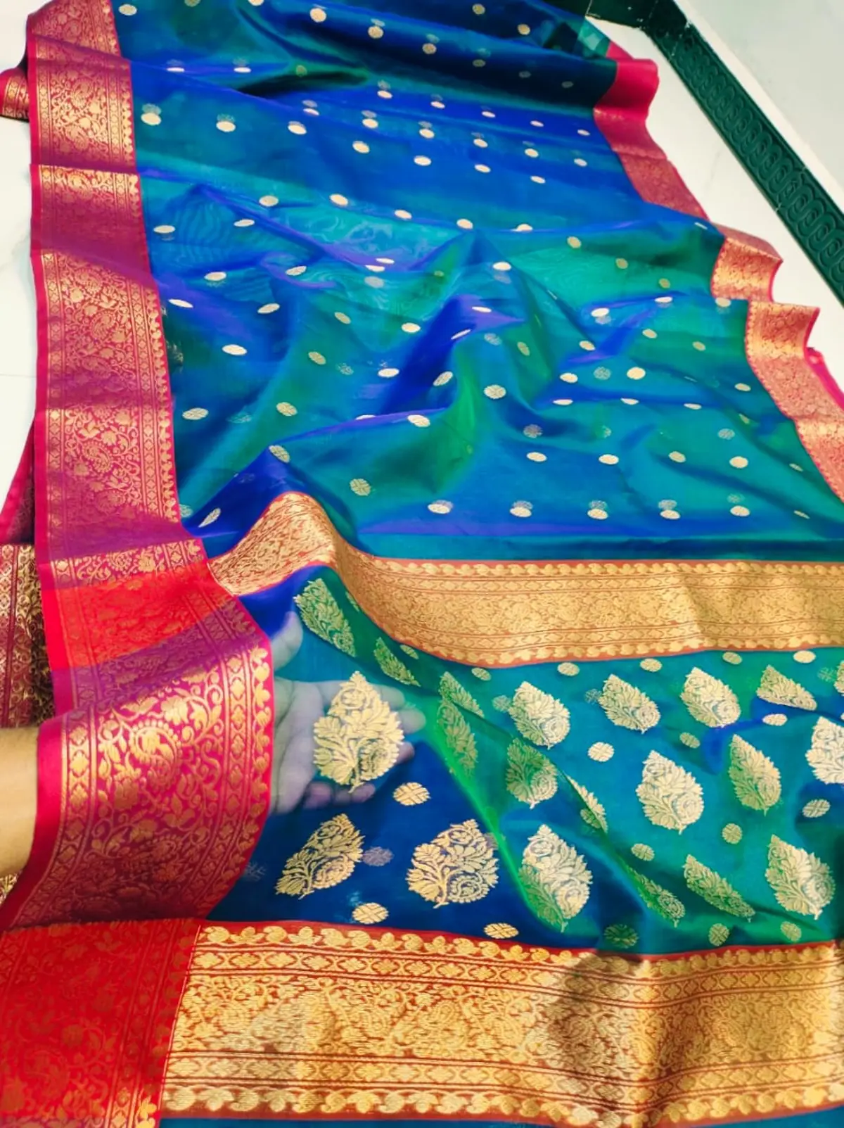 Peacock Teal with Antique Gold Booti Kataan Silk
