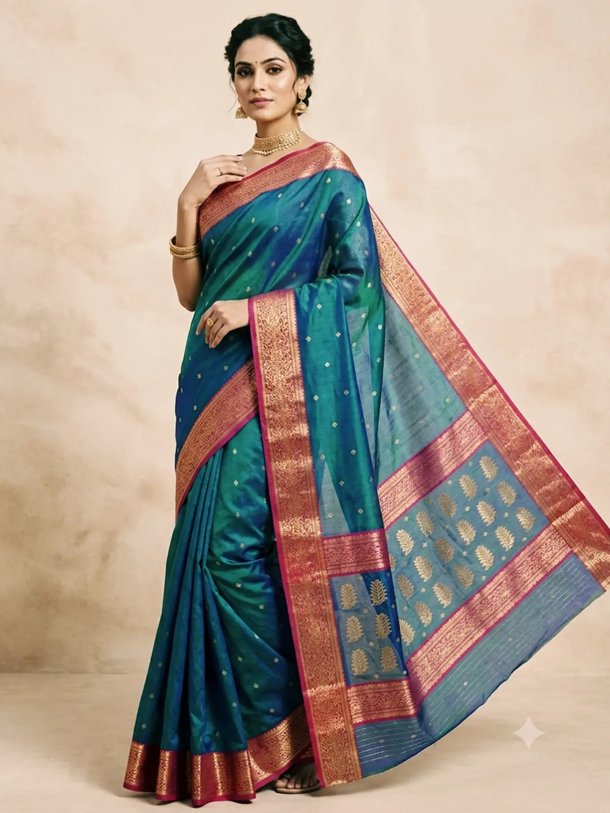 Peacock Teal with Rose Pink and Gold Zari Border Chanderi Silk