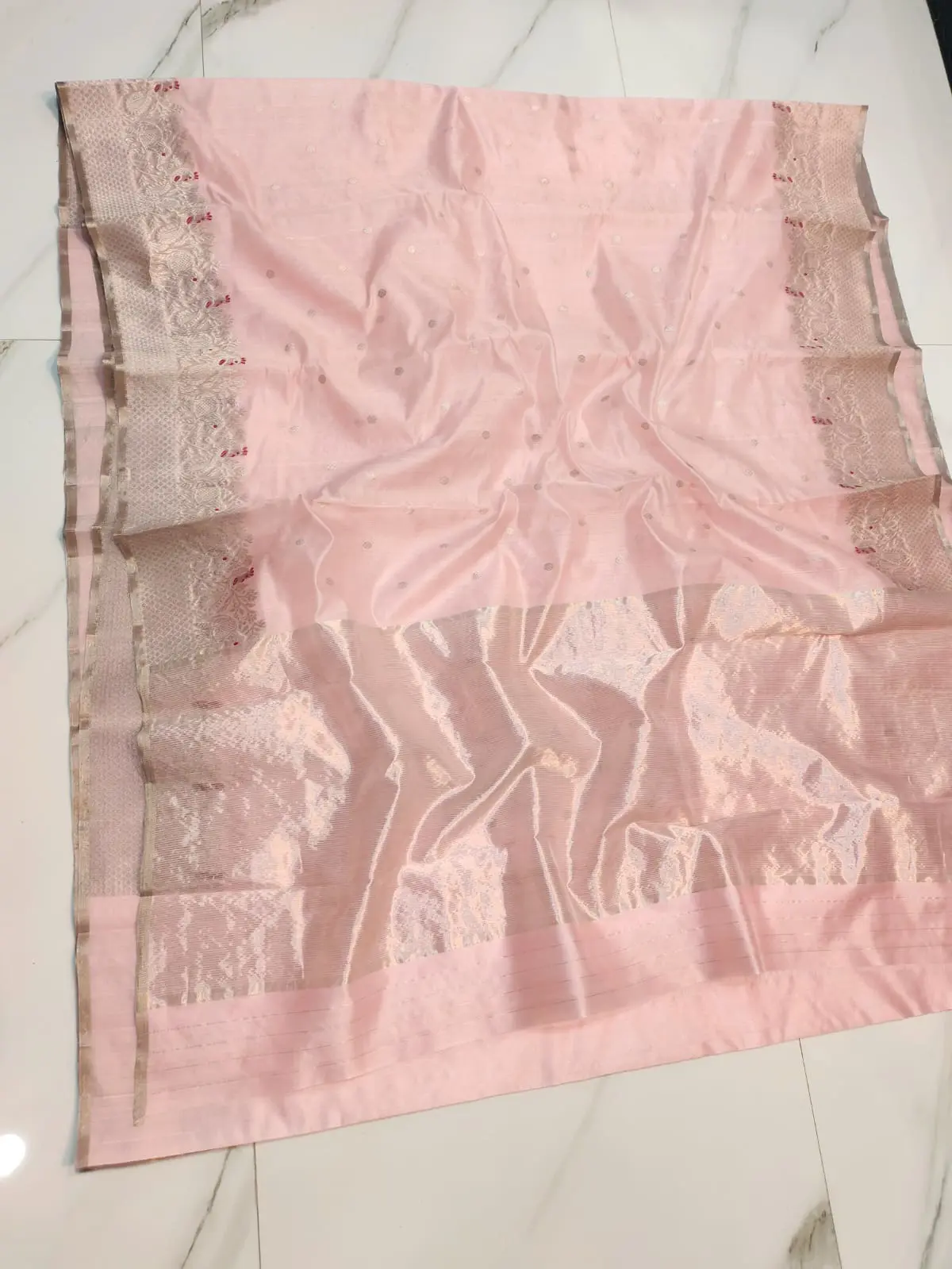 Handwoven Petal Pink & Antique Silver Petal Pink & Antique Silver Pattu Silk Saree - Authentic Chanderi Silk Saree Chanderi Saree