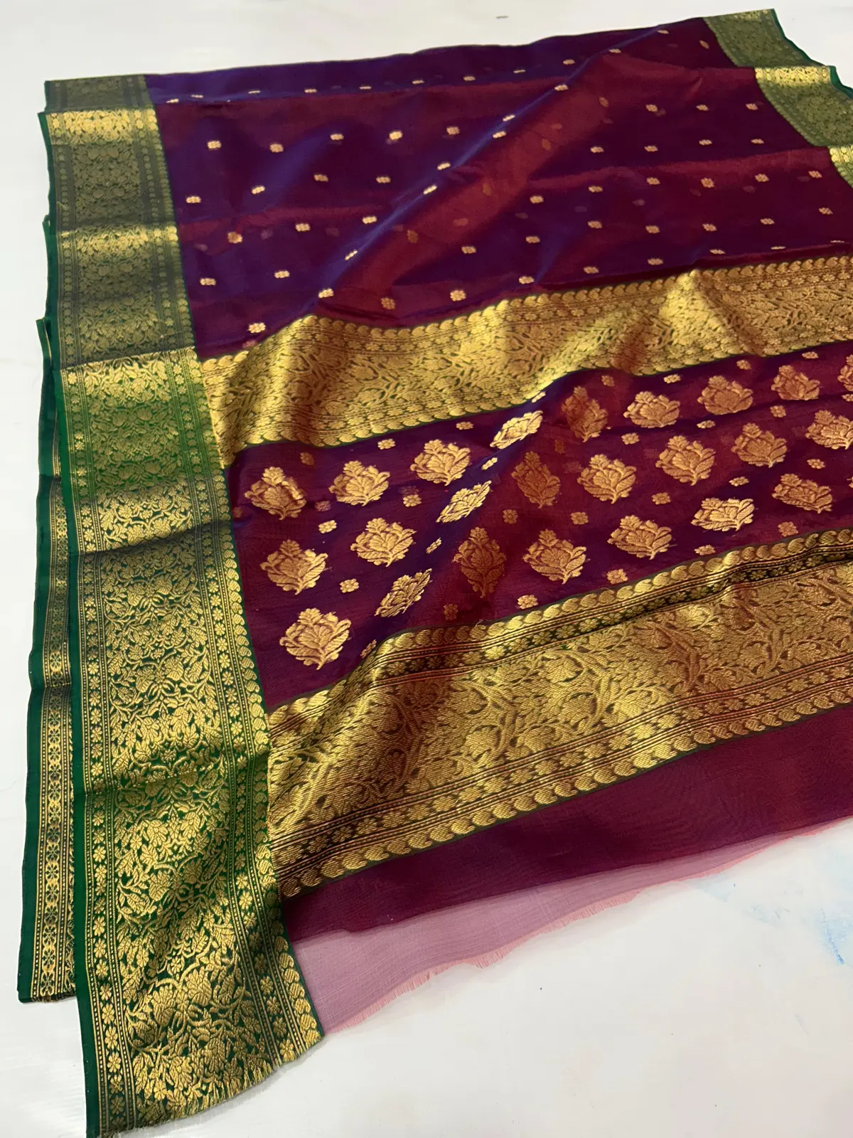 Handwoven Plum Purple with Emerald Green Plum Purple with Emerald Green Kataan Silk Saree - Authentic Chanderi Silk Saree Chanderi Saree
